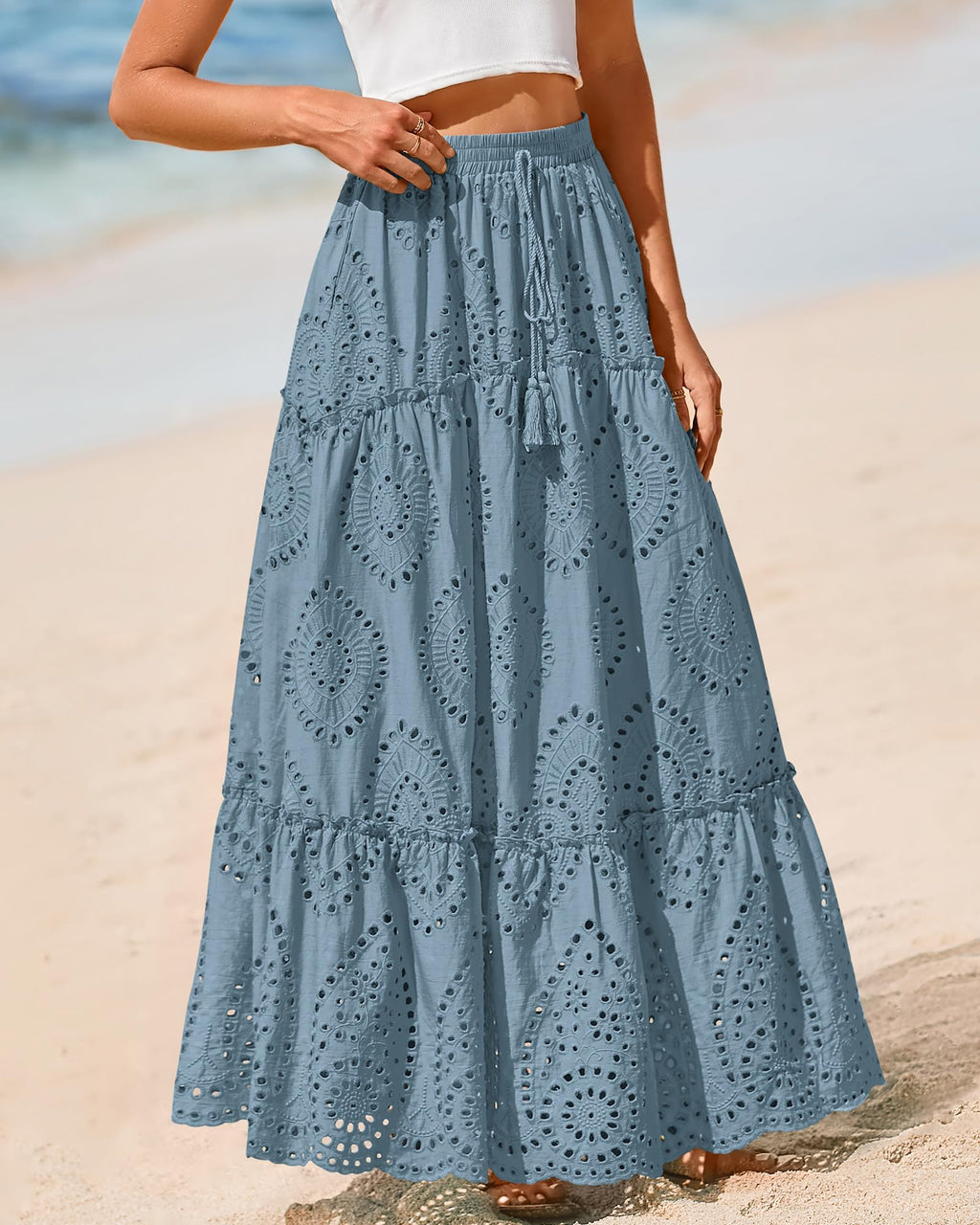BTFBM Long Skirts for Women Summer Boho Lace Embroidery High Waist Flowy Tiered Spring Maxi Skirt Beach Vacation