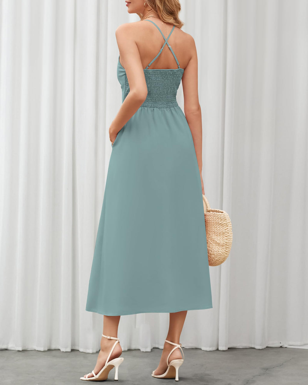 BTFBM Women Spaghetti Strap Midi Summer Dresses Sleeveless V Neck Cutout Slit Casual Beach Party Maxi Dress Pockets