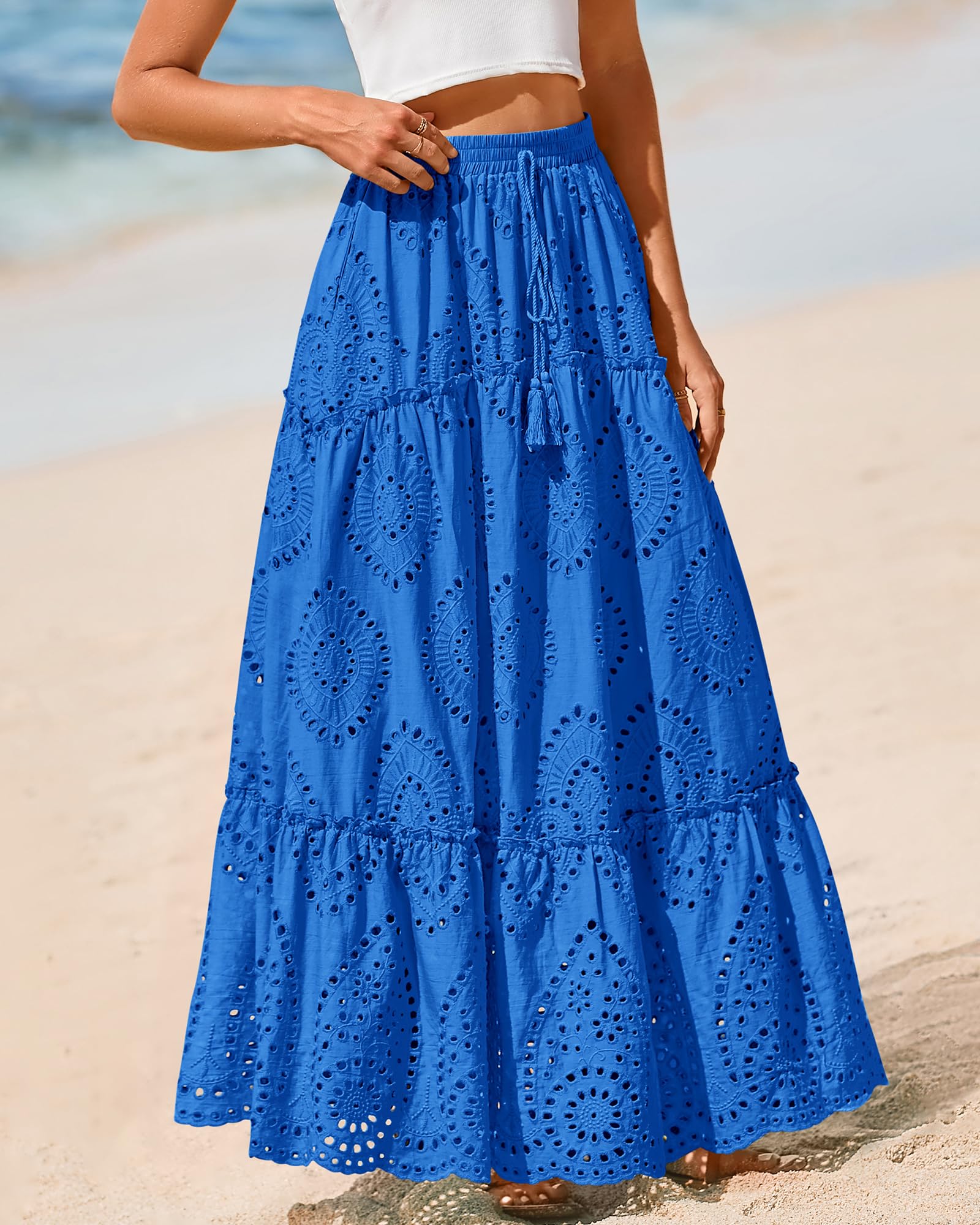 BTFBM Long Skirts for Women Summer Boho Lace Embroidery High Waist Flowy Tiered Spring Maxi Skirt Beach Vacation