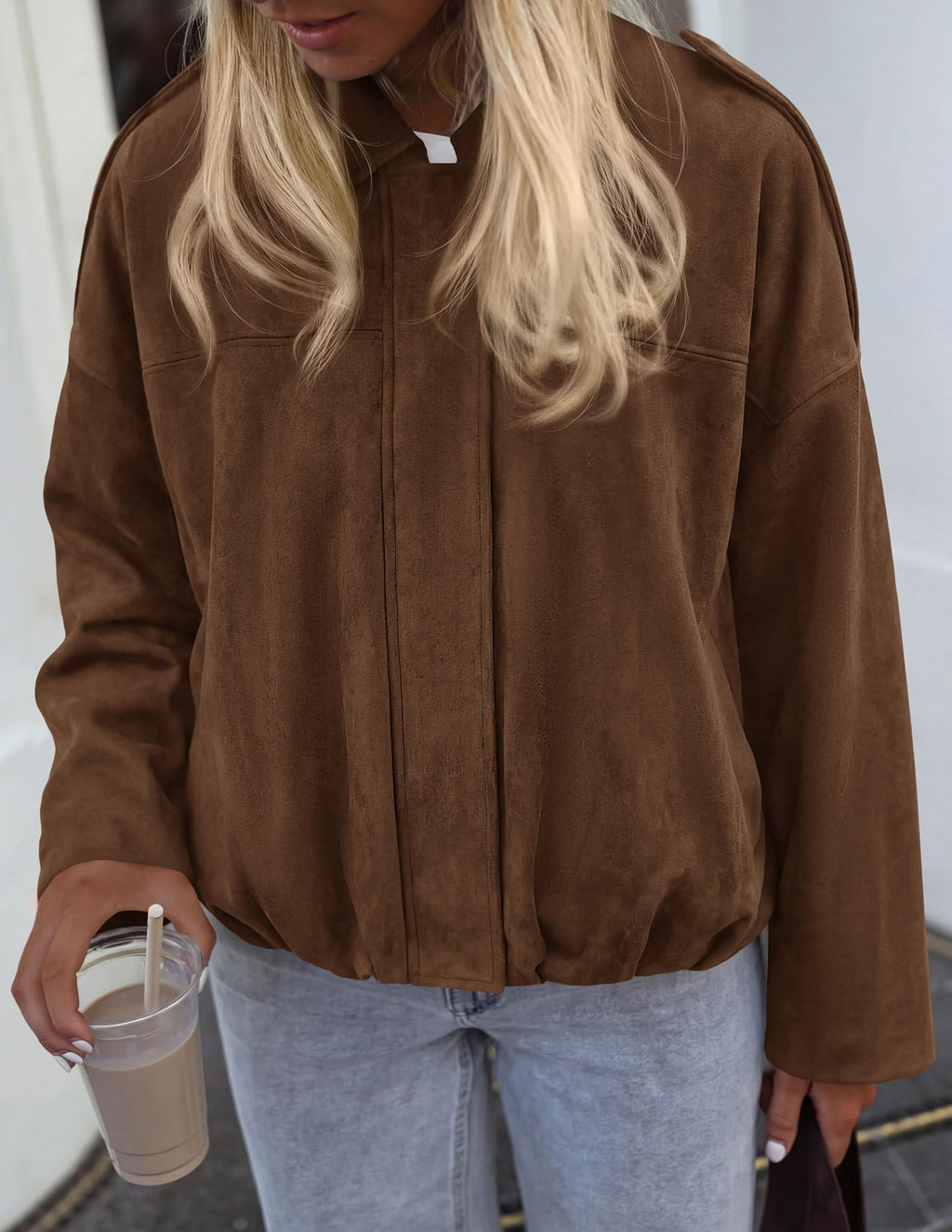 PRETTYGARDEN Women's Faux Suede Cropped Bomber Jacket | Long Sleeve Zip Up Casual Going Out Jackets Coat, Oversized Loose Fit Western Outfits, Trendy Outerwear, Fall Clothes