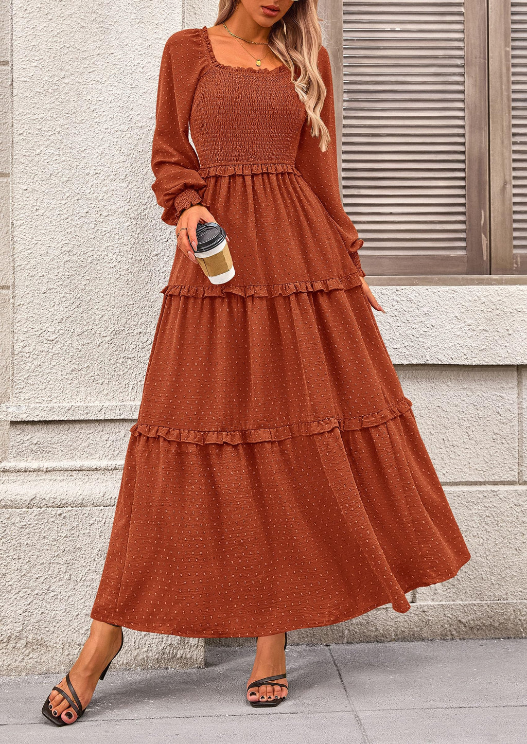 PRETTYGARDEN Fall Dresses for Women Long Sleeve Smocked Square Neck Swiss Dot Tiered Flowy Wedding Guest Maxi Dress