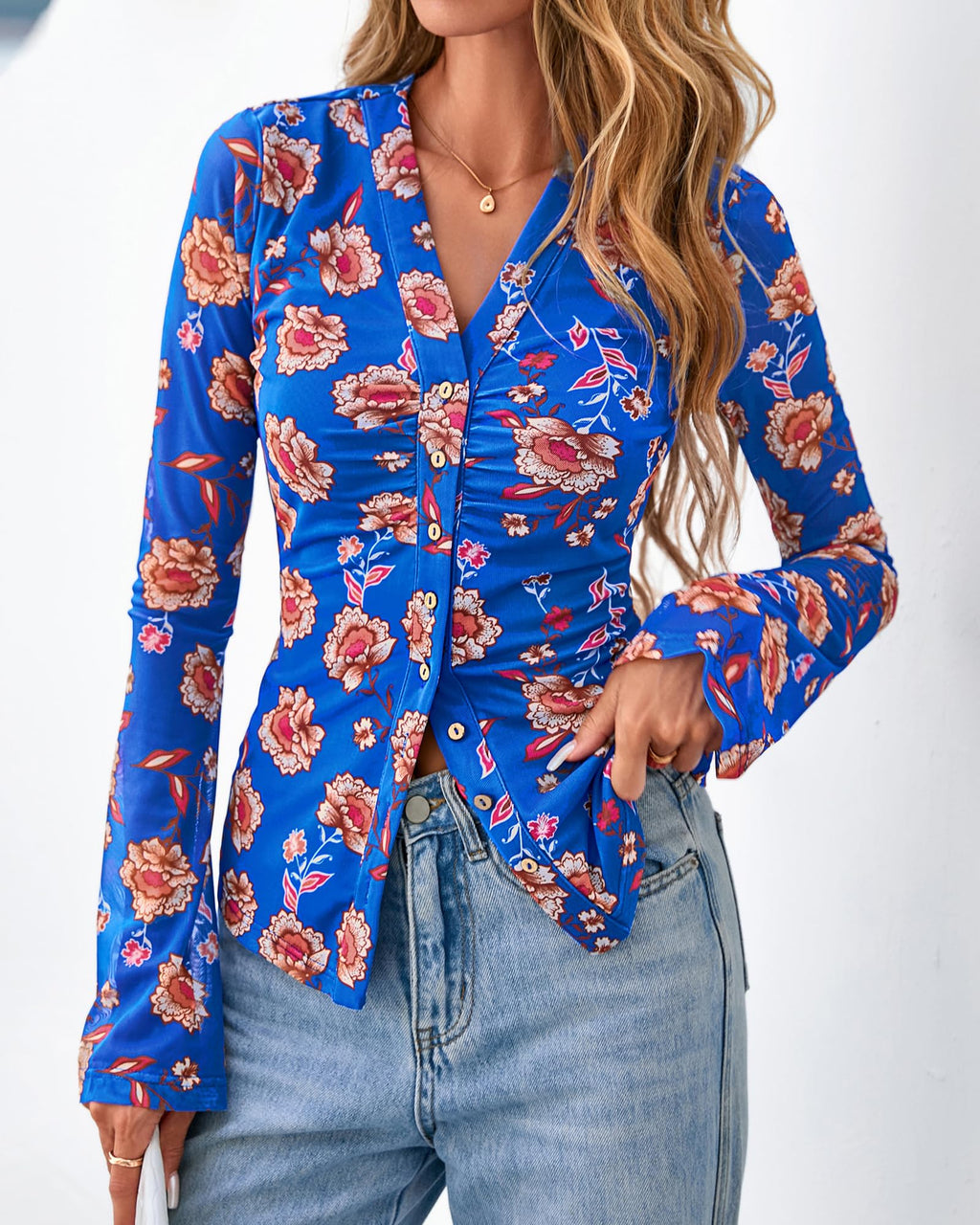 BTFBM Button Down Shirts for Women Spring Boho Tops V Neck Long Sleeve Blouses Ruched Mesh Fitted Fall Fashion