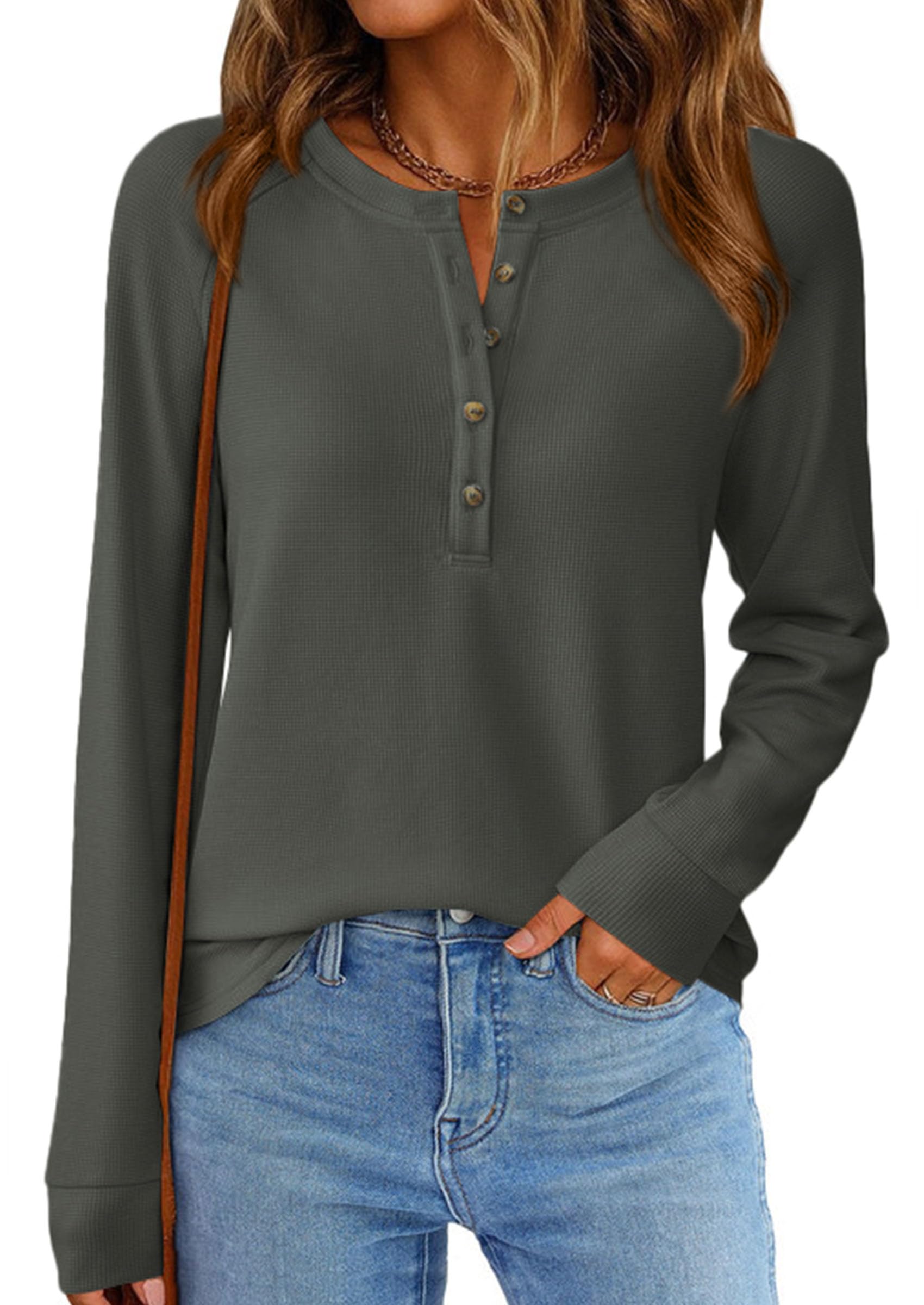 PRETTYGARDEN Women's Long Sleeve Waffle Knit Shirts Fall Casual Button Up Henley V Neck Tunic Tops Loose Fit Basic Tees