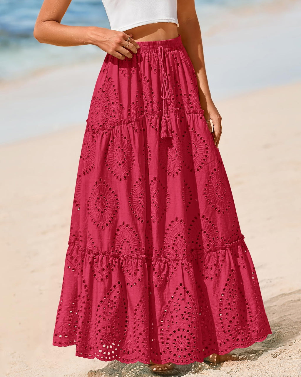 BTFBM Long Skirts for Women Summer Boho Lace Embroidery High Waist Flowy Tiered Spring Maxi Skirt Beach Vacation