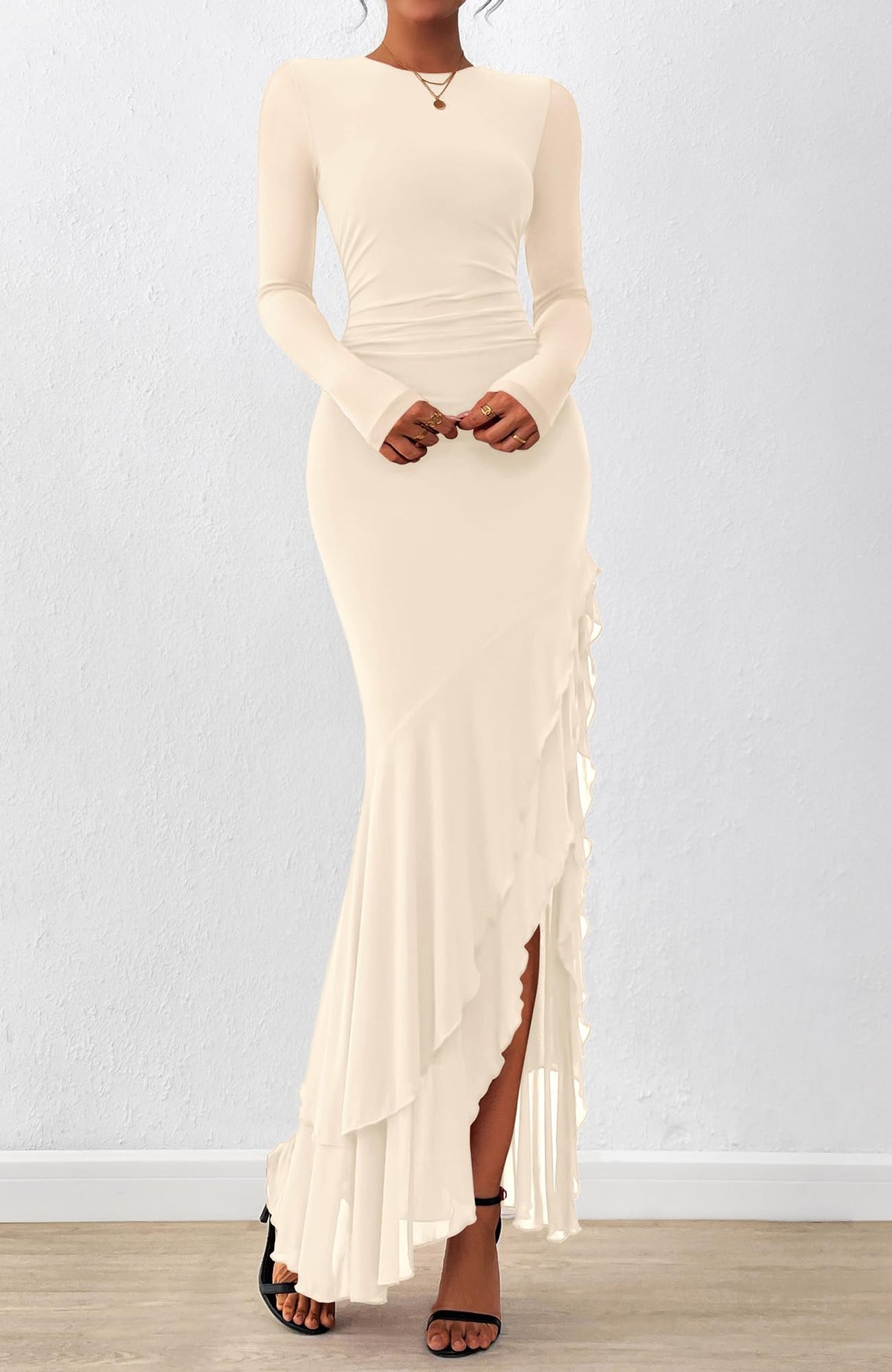 BTFBM Women's Maxi Dresses Fall Long Sleeve Wedding Guest Dress Mesh,Ruched,Bodycon,High Split,Solid Color,Ruffle, Mermaid,Cocktail Dresses,Prom,Party,Homecoming Dress,Fall Outfits