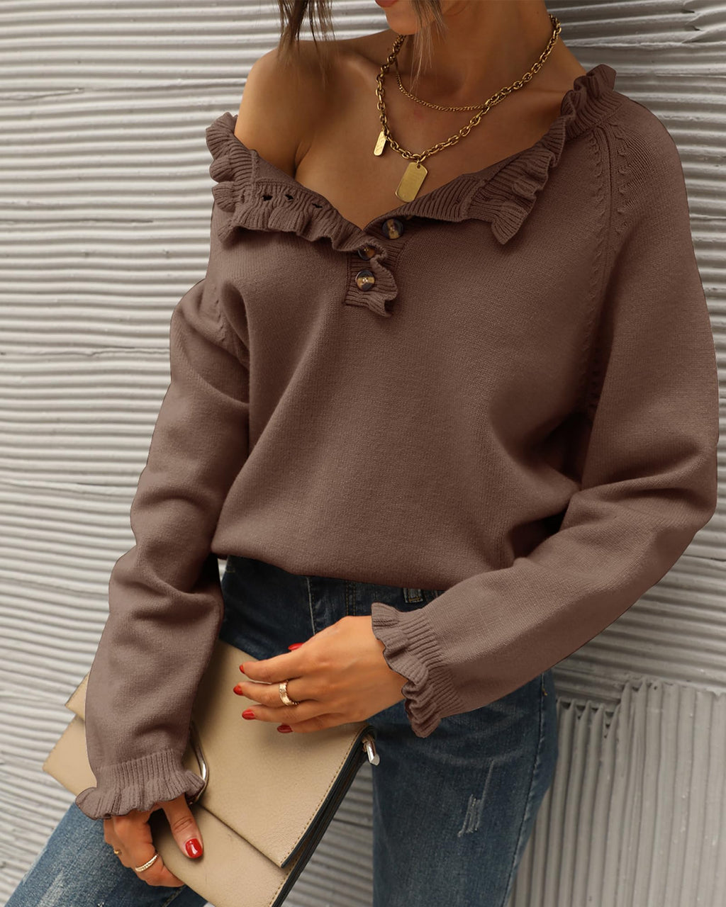 FreshPretty Womens Sweaters Fall Winter Clothes Long Sleeve Button Down Ruffle Crew Neck Casual Knitted Pullover Tops