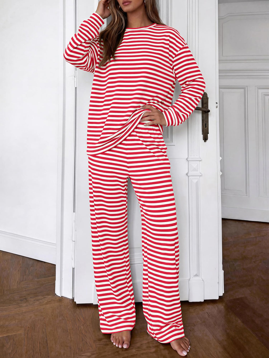 BTFBM Striped Lounge Set Sweatsuits Women 2 Piece Outfit | Womens Pajama Sets, Crew Neck Sweatshirt and Wide Leg Pants, Pockets, Airport, Travel, Vacation Outfits, Fall Winter Clothes