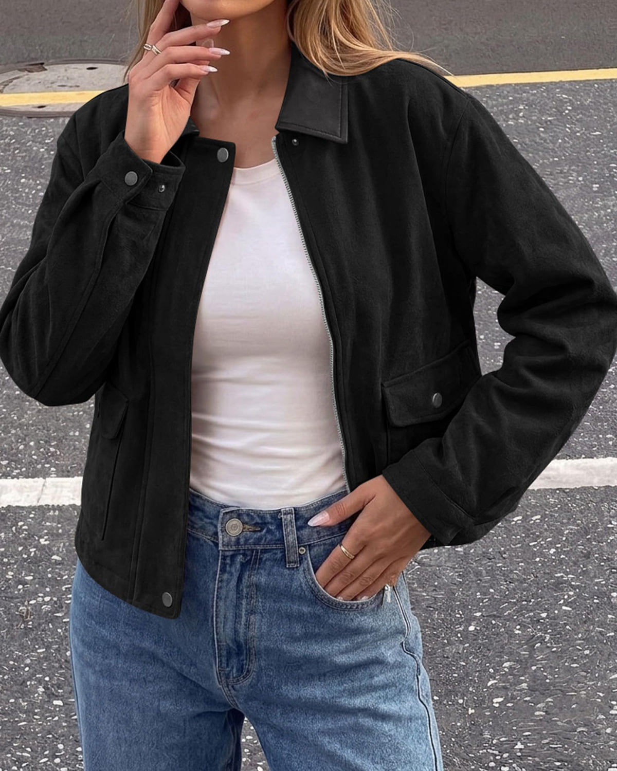 BTFBM Faux Suede Jacket Women Leather Lapel Zip Up Fall Outfits Button Down Long Sleeve Outerwear With Flap Pockets, Early Winter Coats, Motorcycle Jackets, Western Country Concert Outfits