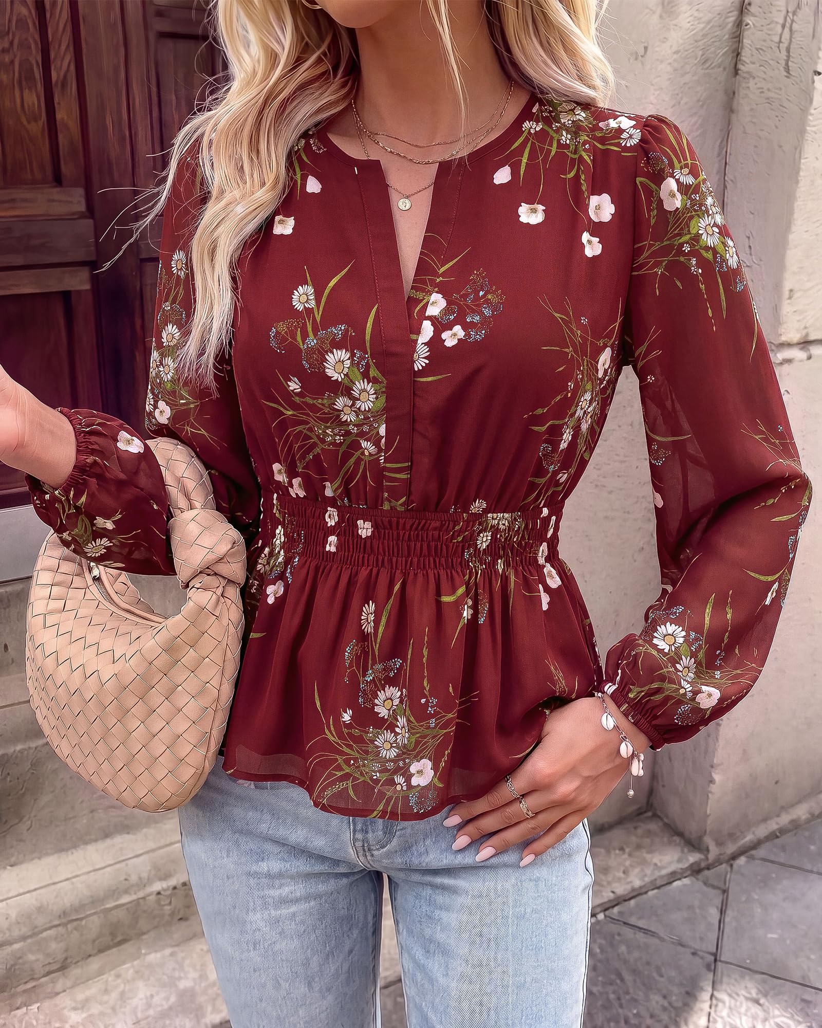 BTFBM Womens Tops Dressy Casual Floral V Neck Long Sleeve Chiffon Shirts | Chiffon Lantern Sleeve Flowy Peplum Sheer Top,Elastic Waist Babydoll Blouses,Boho Vacation Outfits,Fall Fashion Clothing