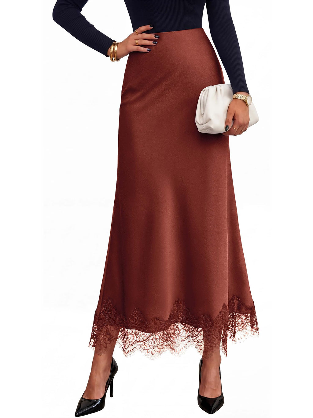 BTFBM Lace Trim Satin Skirts for Women Elegant | Lightweight, High Waist, A-Line, Flowy Maxi Skirt, Wedding, Cocktail, Graduation, Holiday Outfits, Fall Fashion Clothing