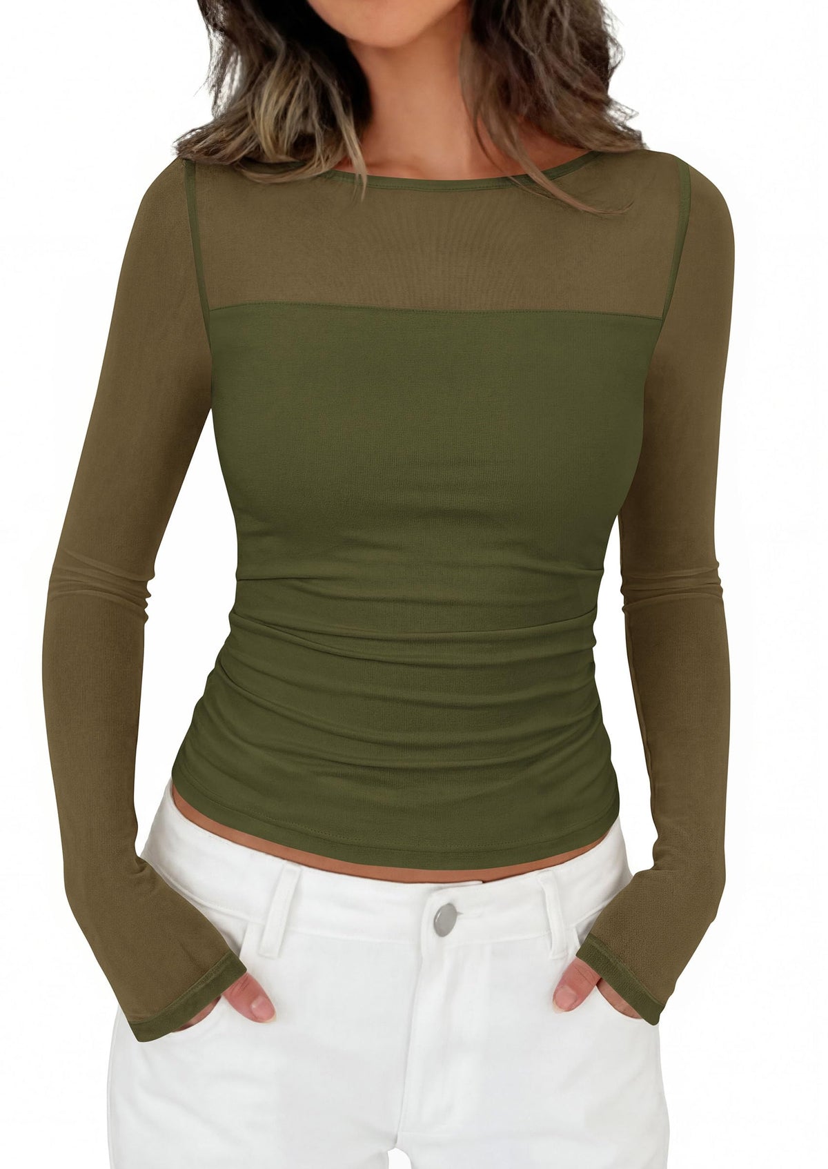 PRETTYGARDEN Women's Sheer Mesh Long Sleeve Going Out Tops | Comfy Stretchy Patchwork,Boat Neck,Ruched Slim Fitted,See Through,Trendy Shirts,Date Night Outfit,Early Fall Fashion Clothing
