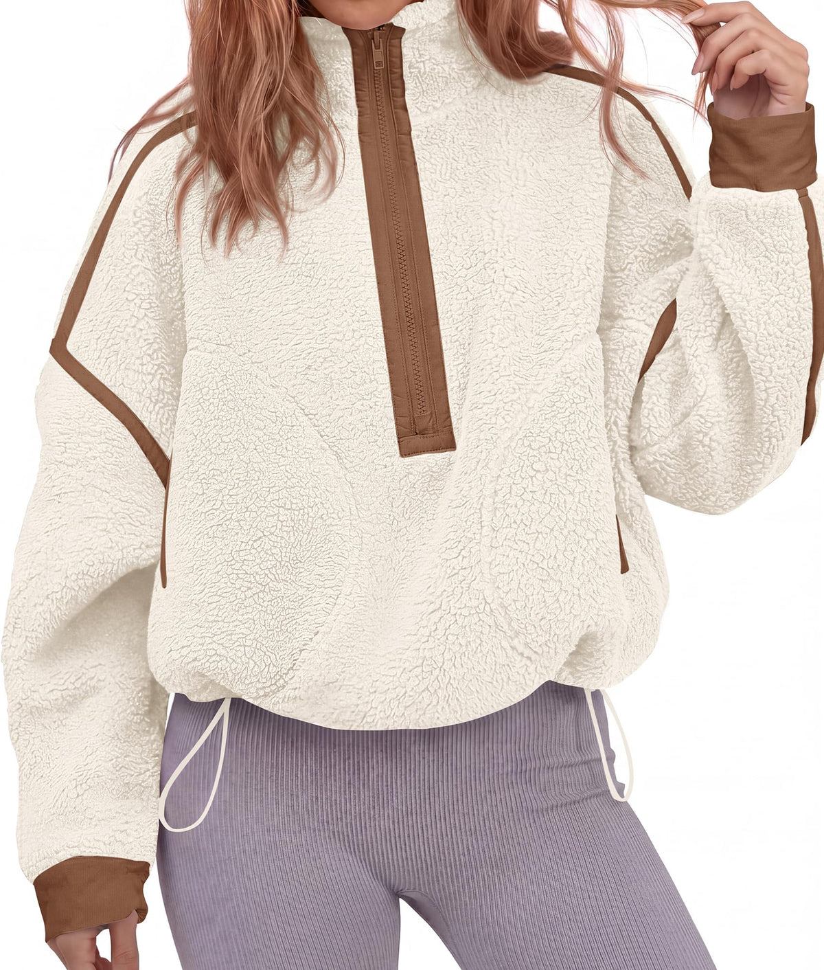 FreshPretty Womens Half Zip Fleece Pullover Sherpa Sweatshirts,Quarter Zip Cropped Jackets With Drawstring,Loose Fit Sweater Tops,Color Block Winter Coats,Trendy Fall Clothes