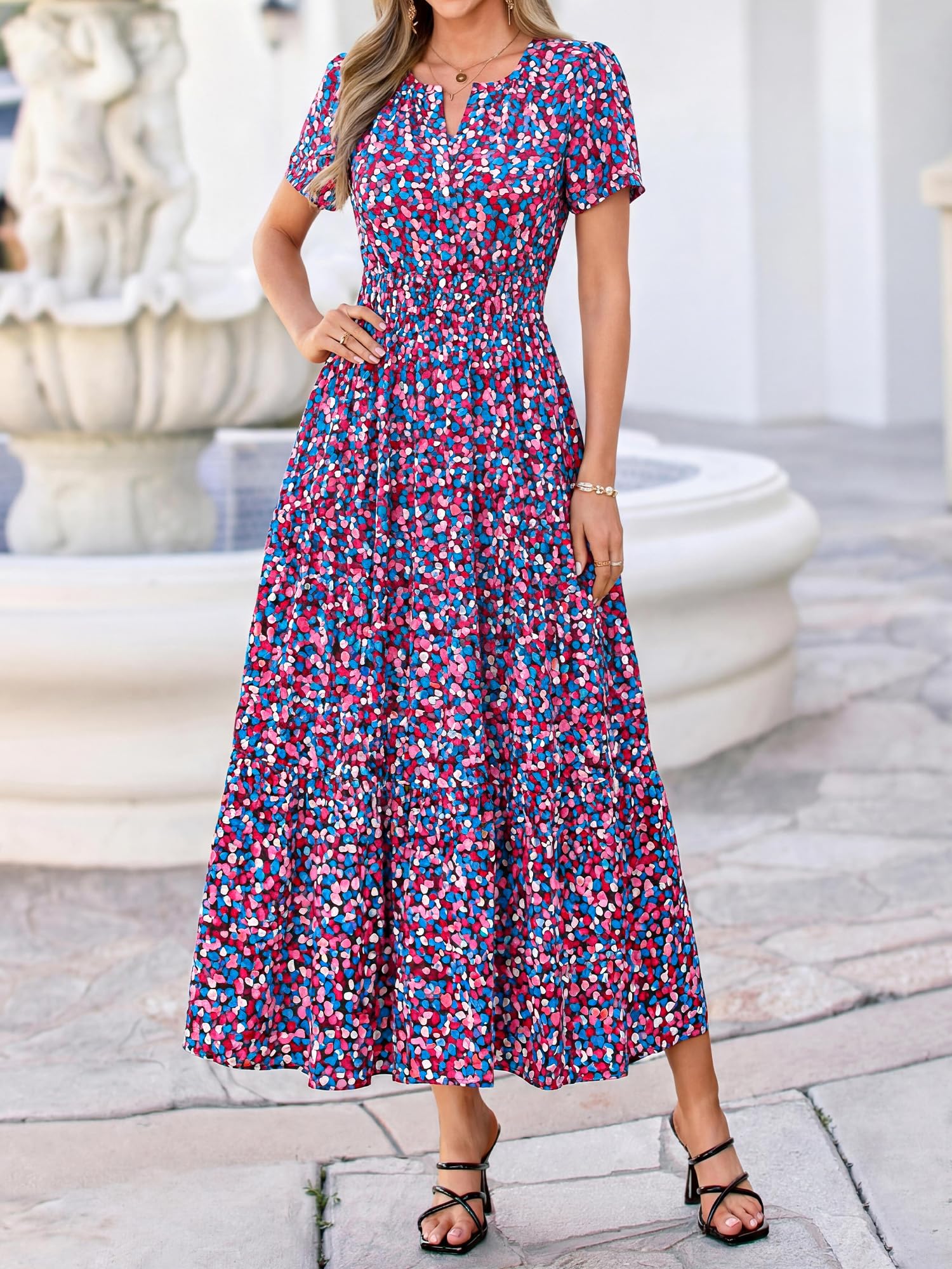 BTFBM Womens Summer Floral Maxi Dresses V Neck Short Sleeve Boho Casual Flowy Long Wedding Guest Dress Beach Vacation
