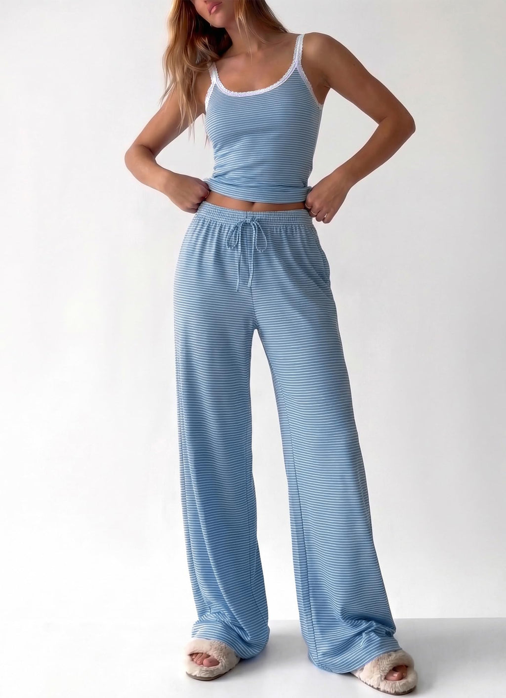 BTFBM Lounge Sets For Women Striped 2 Piece Pajama Sets Spaghetti Strap Tops Wide Leg Pants Beach Vacation Outfits