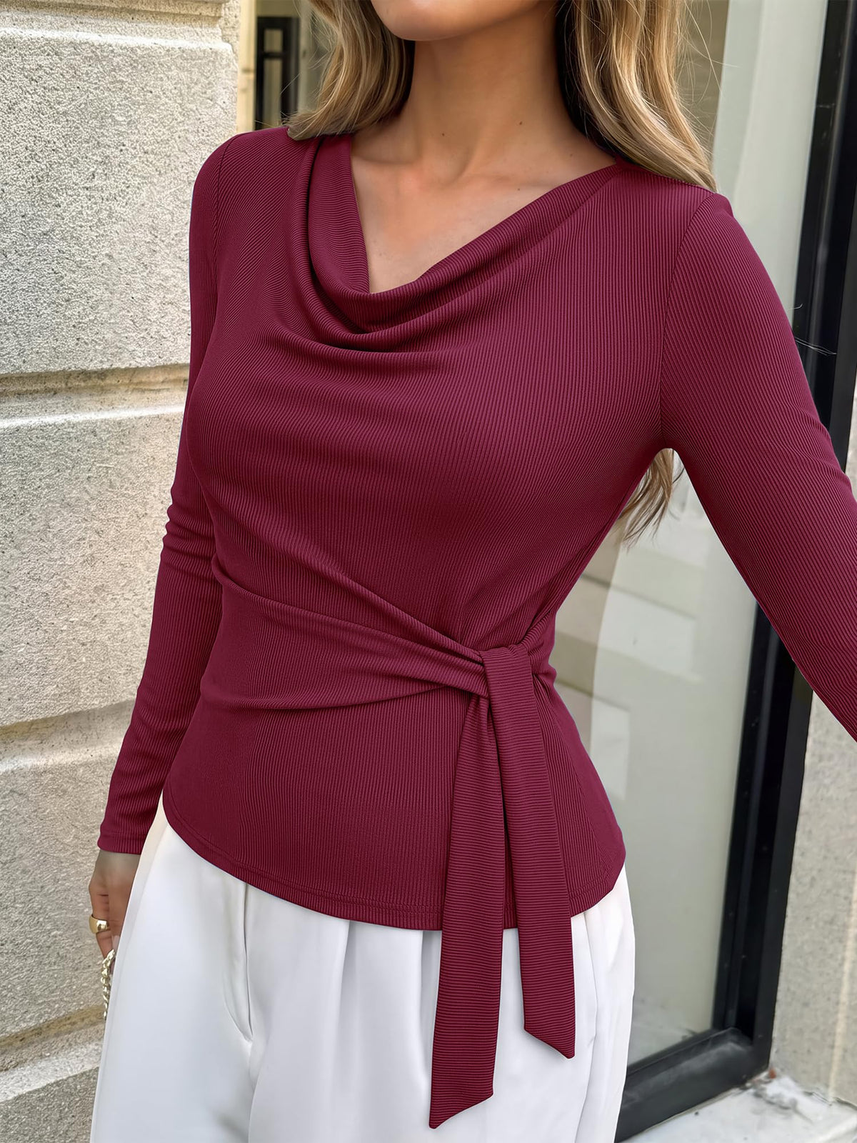 BTFBM Fall Tops for Women Tie Waist Wrap Blouses Business Casual Outfits Slim Fit Cowl Neck Long Sleeve Shirts, Elegant Dressy Blouse, Fashion Clothing, Daily Wear Going Out Office Work Clothes