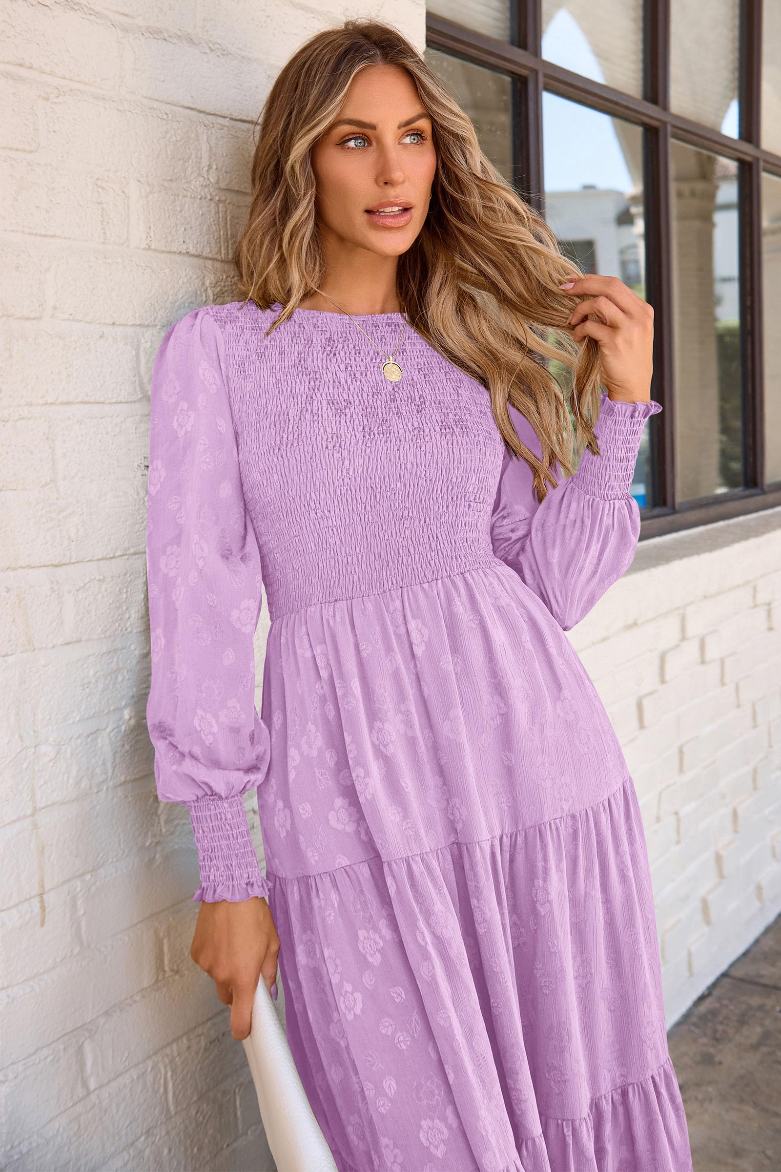 PRETTYGARDEN Women's Fall Spring Midi Dress Long Sleeve Floral Smocked Elegant Wedding Guest Long Flowy Dresses with Pockets