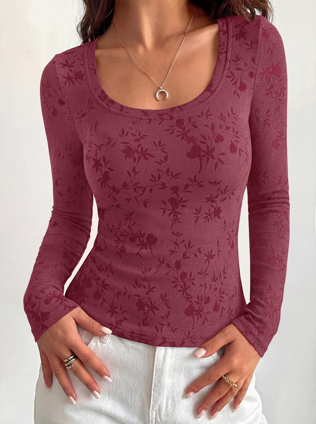 BTFBM Women's Long Sleeve Scoop Neck Shirts Floral Tops | Casual Women Fall Clothes, Ribbed Slim Fitted T-Shirts, y2k Fashion Clothing, Concert Going Out Top, Club Date Night Outfits