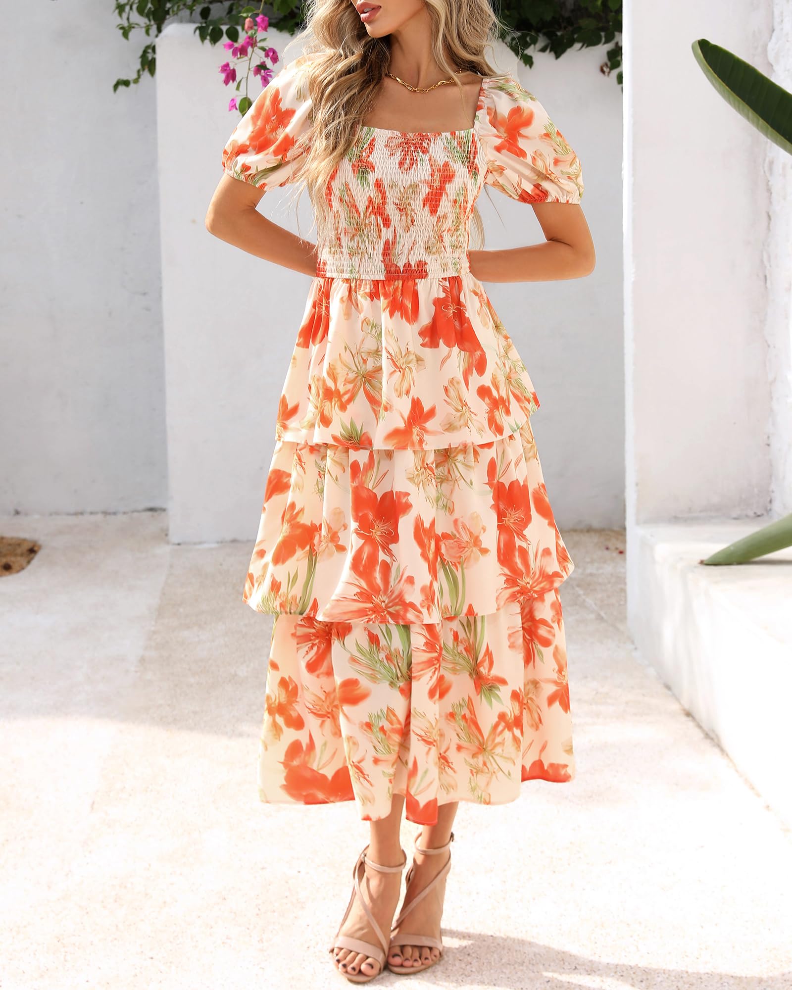 BTFBM Womens Square Neck Smocked Dress Summer Puff Short Sleeve Floral Casual Ruffle Tiered Maxi Wedding Guest Dresses