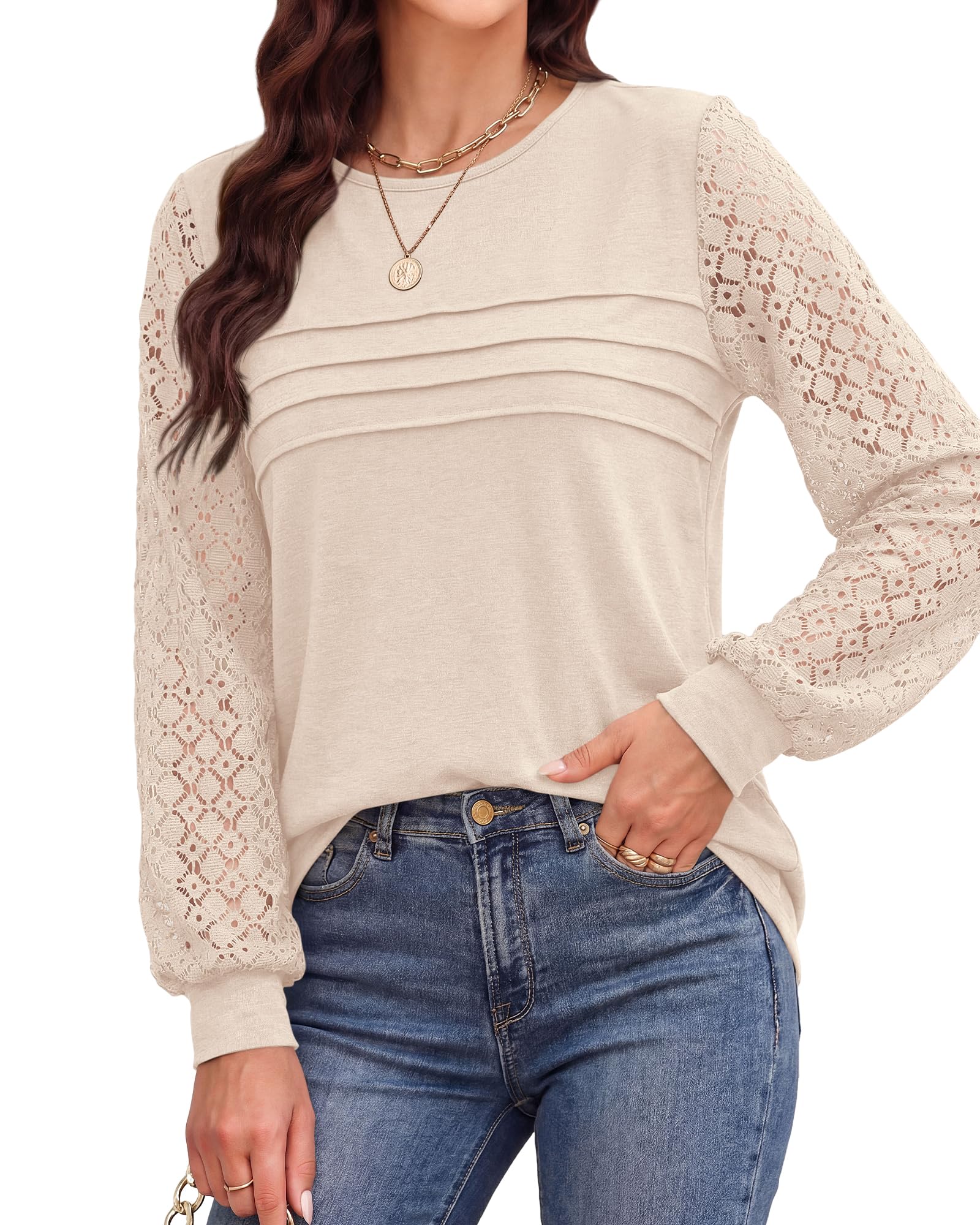 BTFBM Women's Long Sleeve Shirts Dressy Lace Fall Tops Trendy Business Casual T-Shirts Cute Work Outfits Blouses
