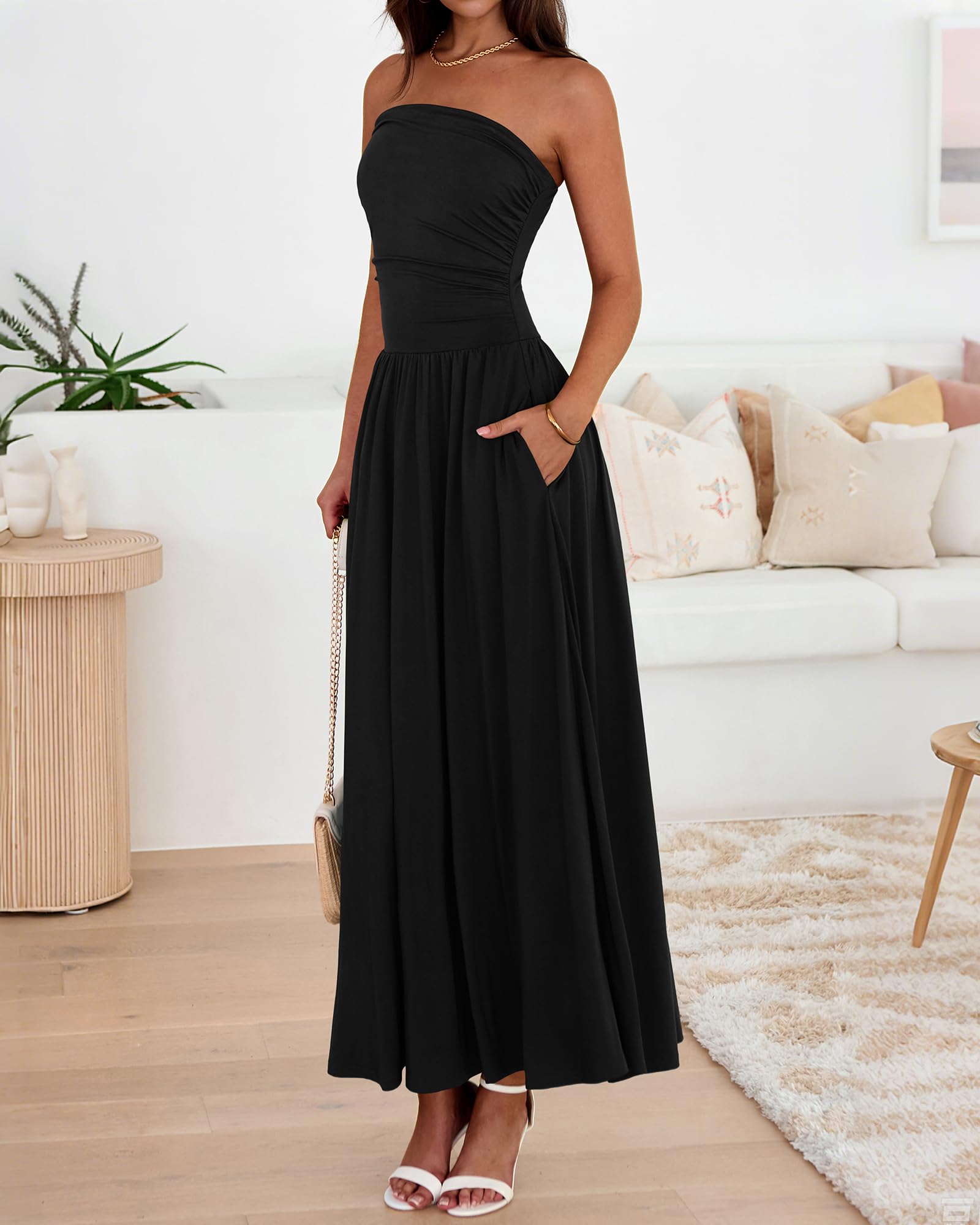 BTFBM Summer Maxi Dresses for Women Strapless Ruched Tube Top Beach Vacation Spring Wedding Guest Dress Pockets