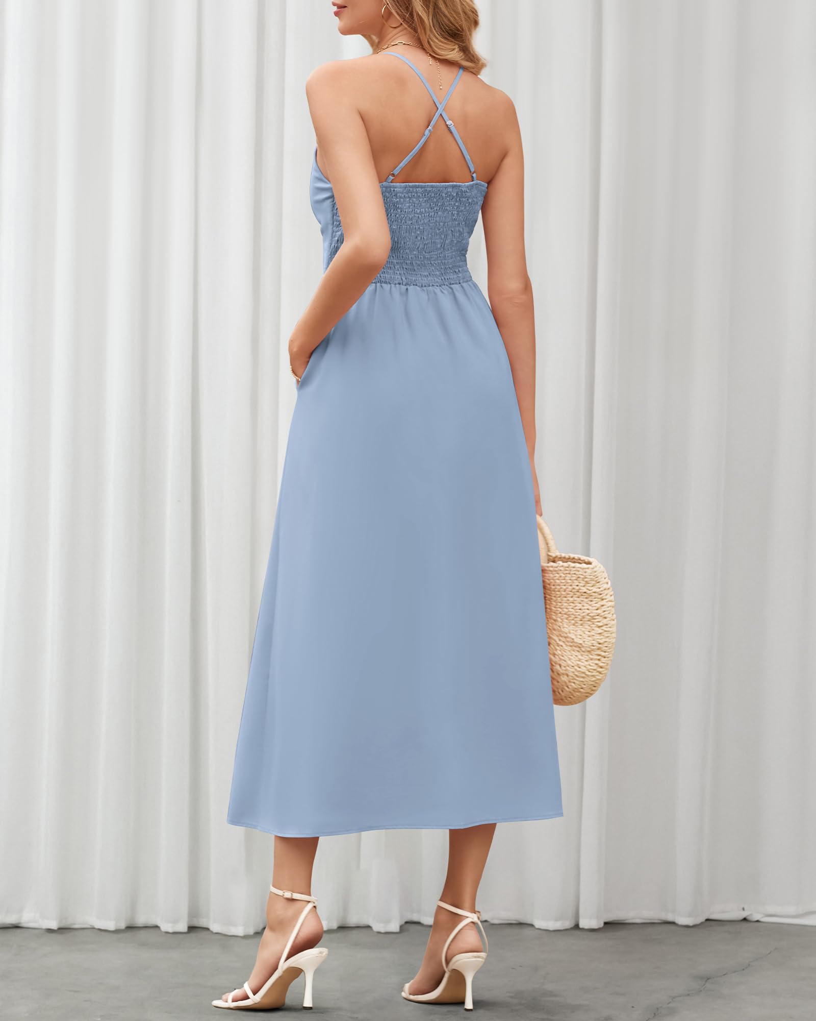 BTFBM Women Spaghetti Strap Midi Summer Dresses Sleeveless V Neck Cutout Slit Casual Beach Party Maxi Dress Pockets