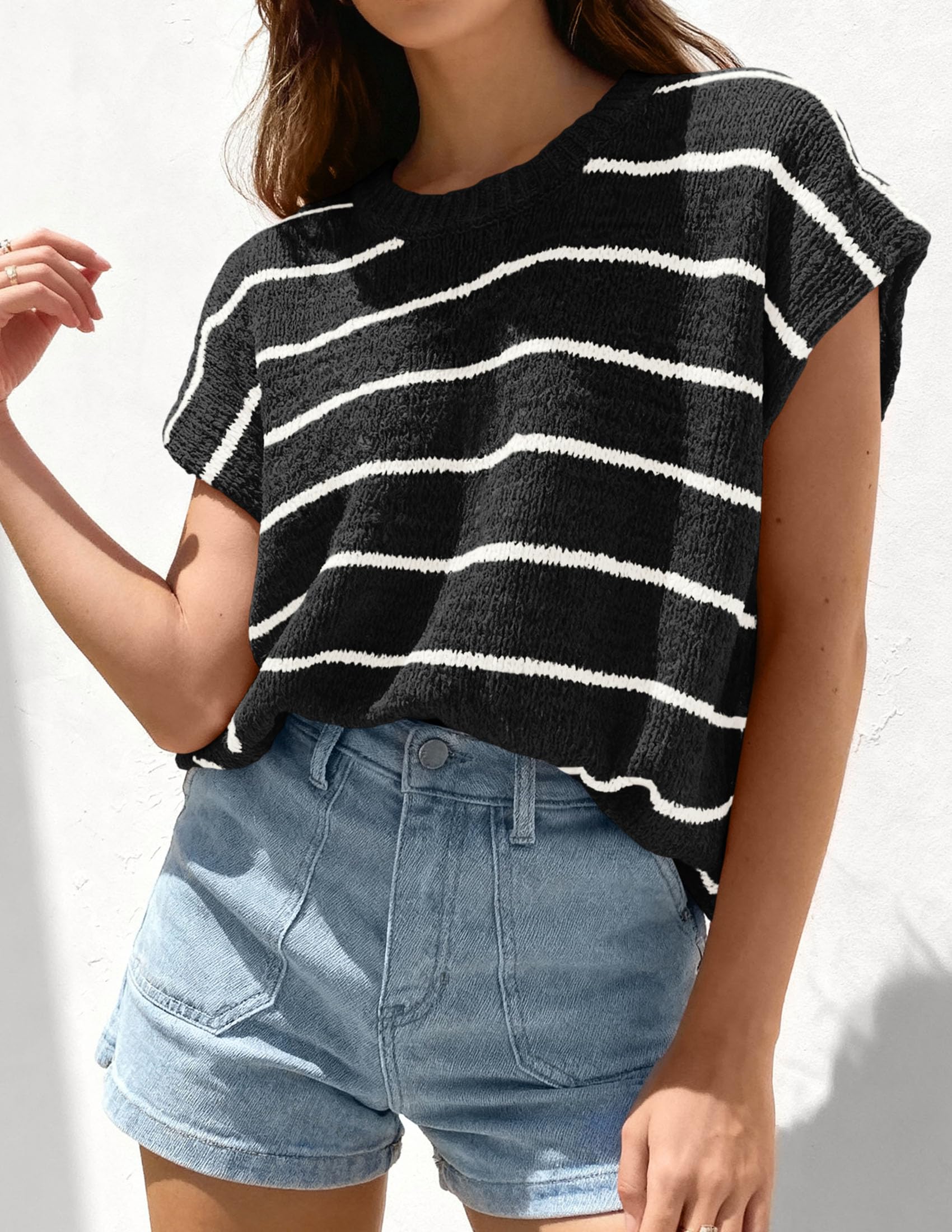 PRETTYGARDEN Womens Summer Short Sleeve Tops Trendy Crew Neck Striped Knit Sweater Business Casual Spring Clothes
