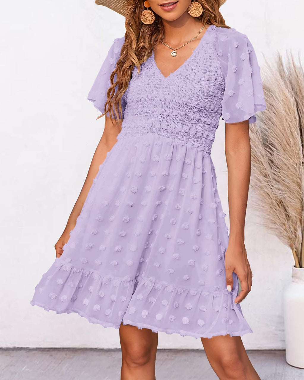 FreshPretty Womens Beach Vacation Dress Summer V Neck Short Sleeve Smocked Swiss Dot Cute Ruffle Casual Fall Mini Dresses