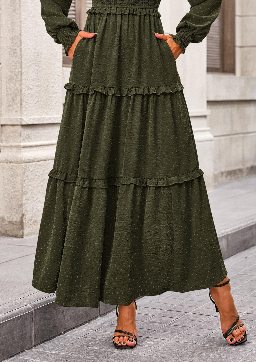 PRETTYGARDEN Fall Dresses for Women Long Sleeve Smocked Square Neck Swiss Dot Tiered Flowy Wedding Guest Maxi Dress