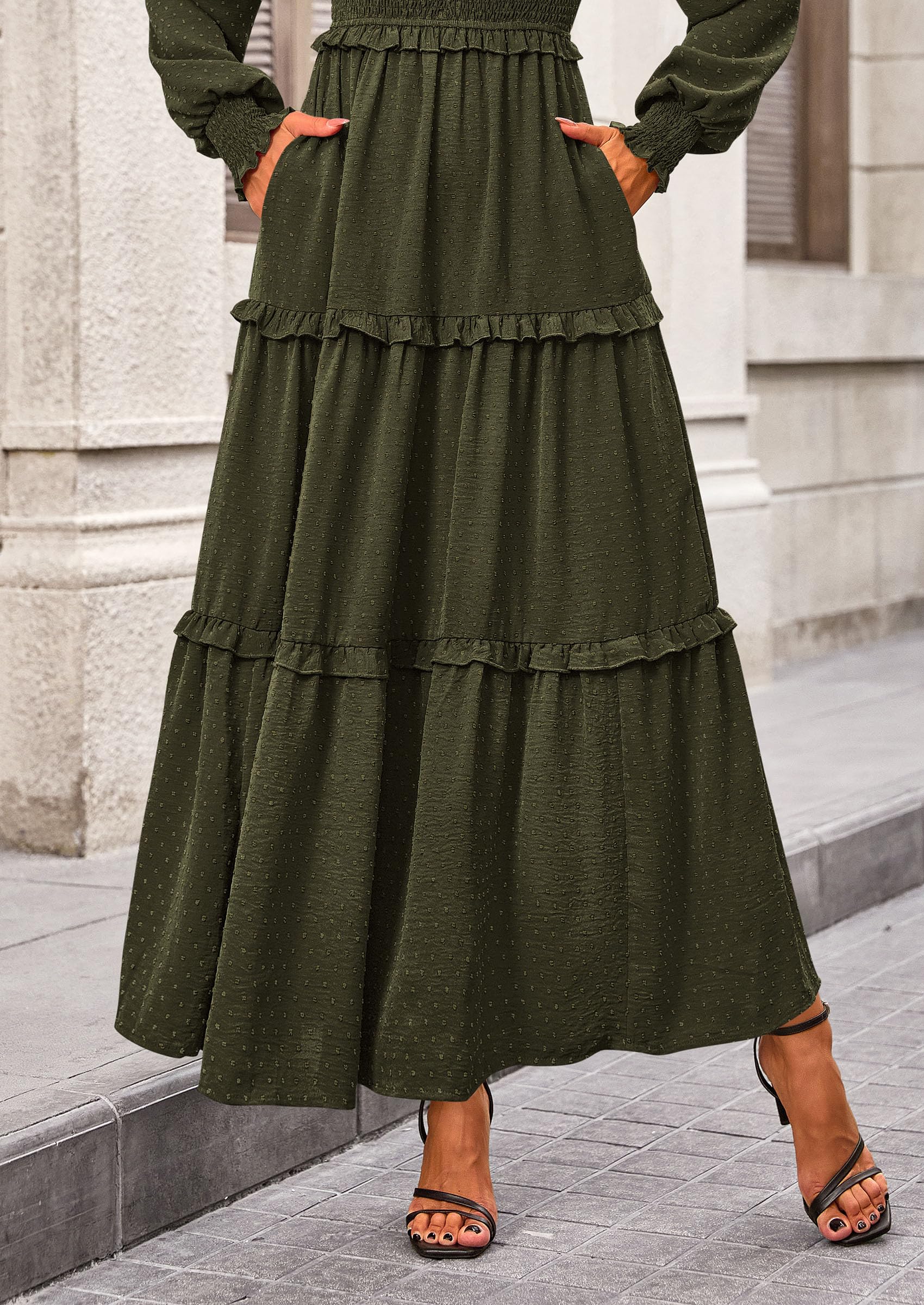 PRETTYGARDEN Fall Dresses for Women Long Sleeve Smocked Square Neck Swiss Dot Tiered Flowy Wedding Guest Maxi Dress