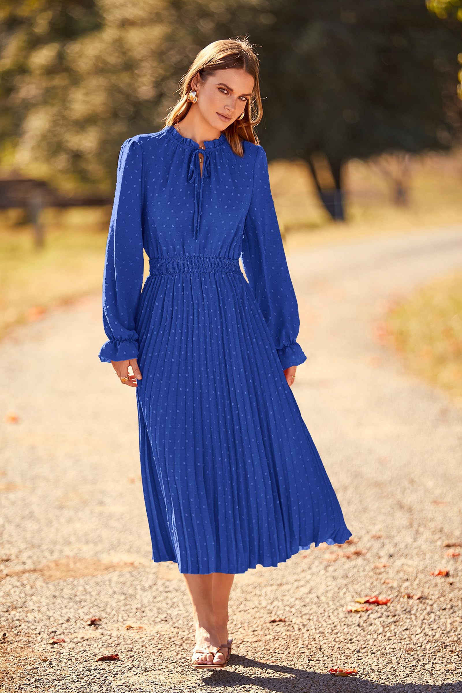 PRETTYGARDEN Women's Spring Fall Midi Dress Casual Long Sleeve V Neck Swiss Dot Pleated A Line Flowy Dresses