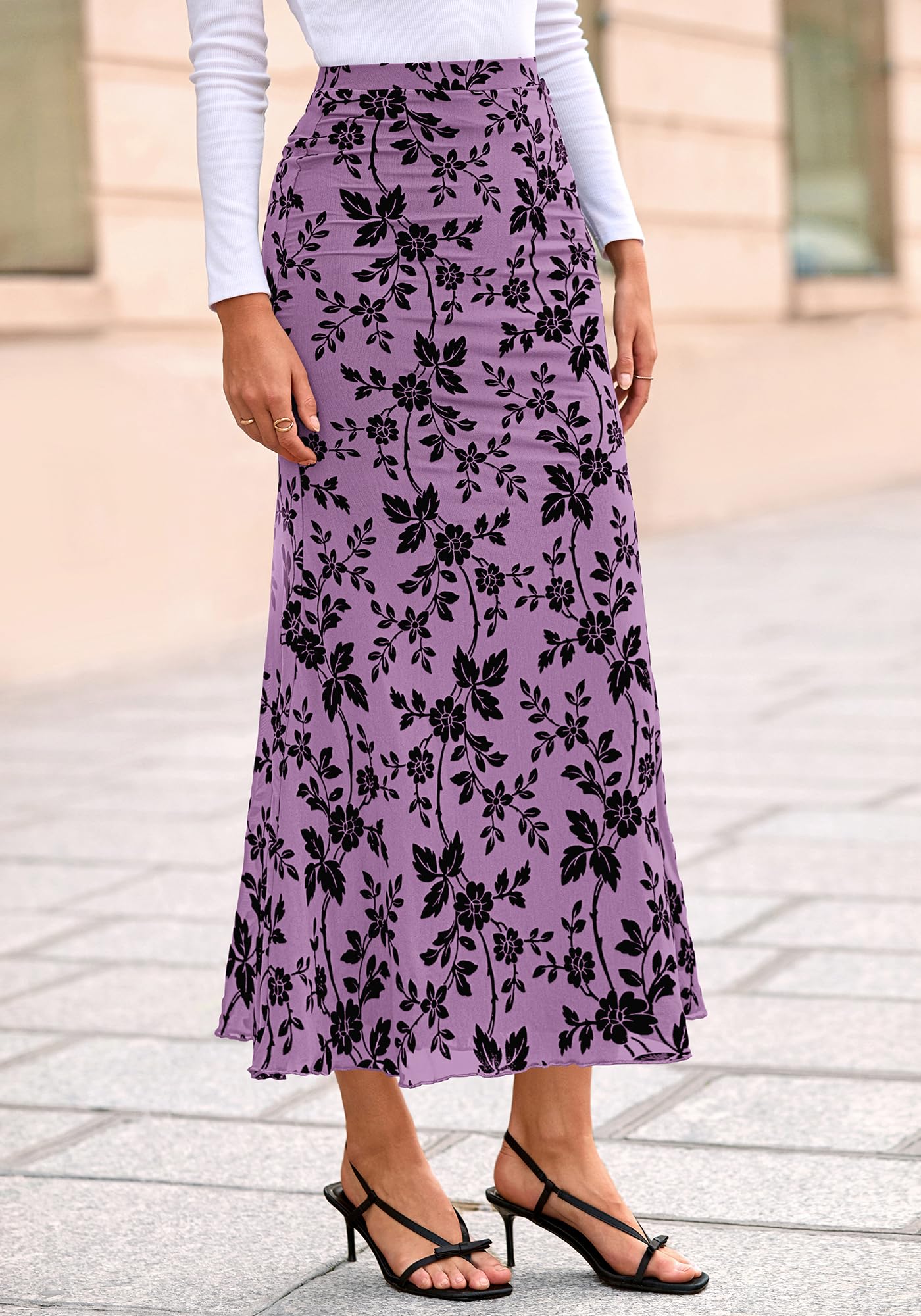 BTFBM Womens Floral Mesh Maxi Skirt Spring Summer Elastic High Waisted Boho Elegant Mermaid Long Skirts for Women