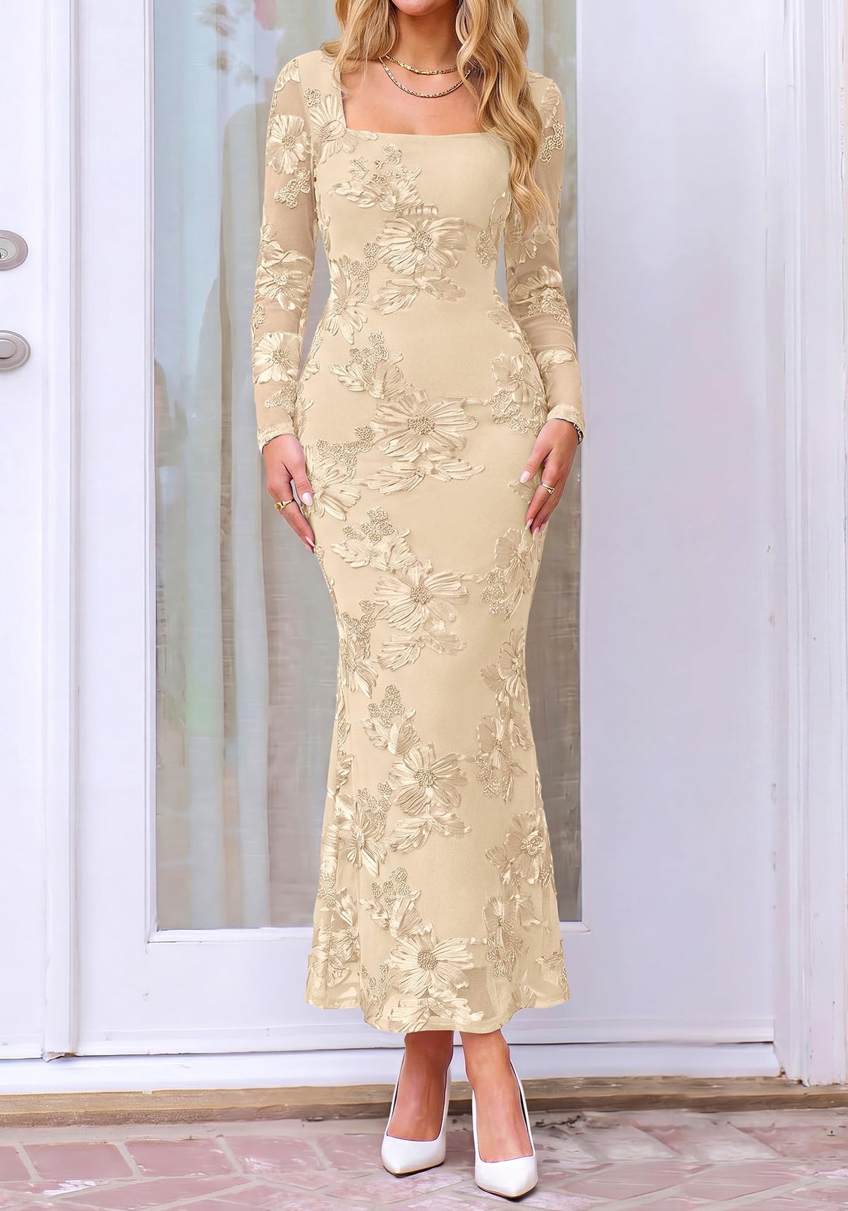 BTFBM Womens Long Sleeve Bodycon Floral Mesh Maxi Fall Wedding Guest Dress Semi Formal Dresses For Bridal Shower, Engagement, Cocktail, Homecoming, Prom, Birthday Party, Date Night Outfits, Lined