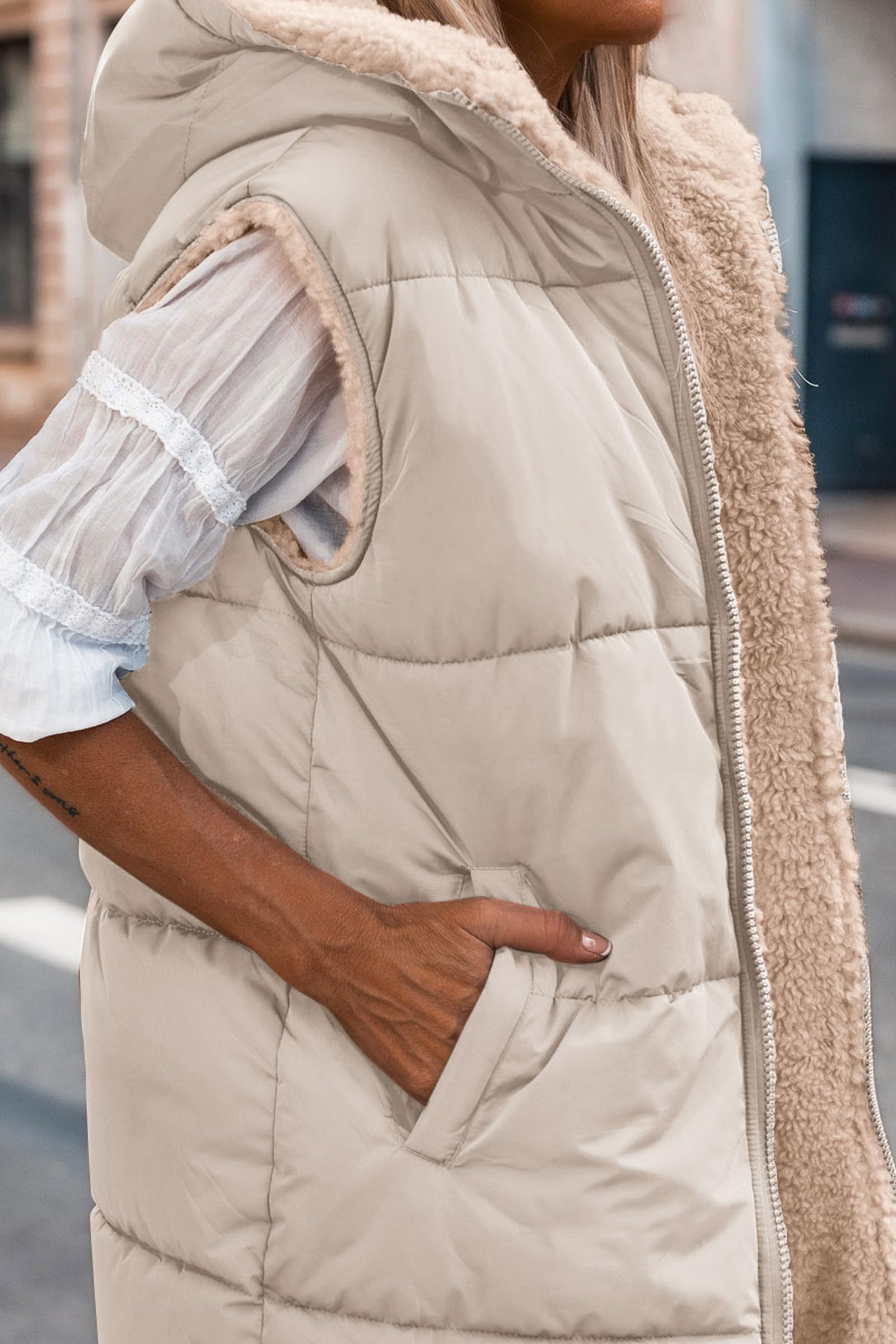 PRETTYGARDEN Womens Fall Reversible Long Vests Sleeveless Fleece Jacket Zip Up Hoodie Pockets Warm Coat Winter Clothing