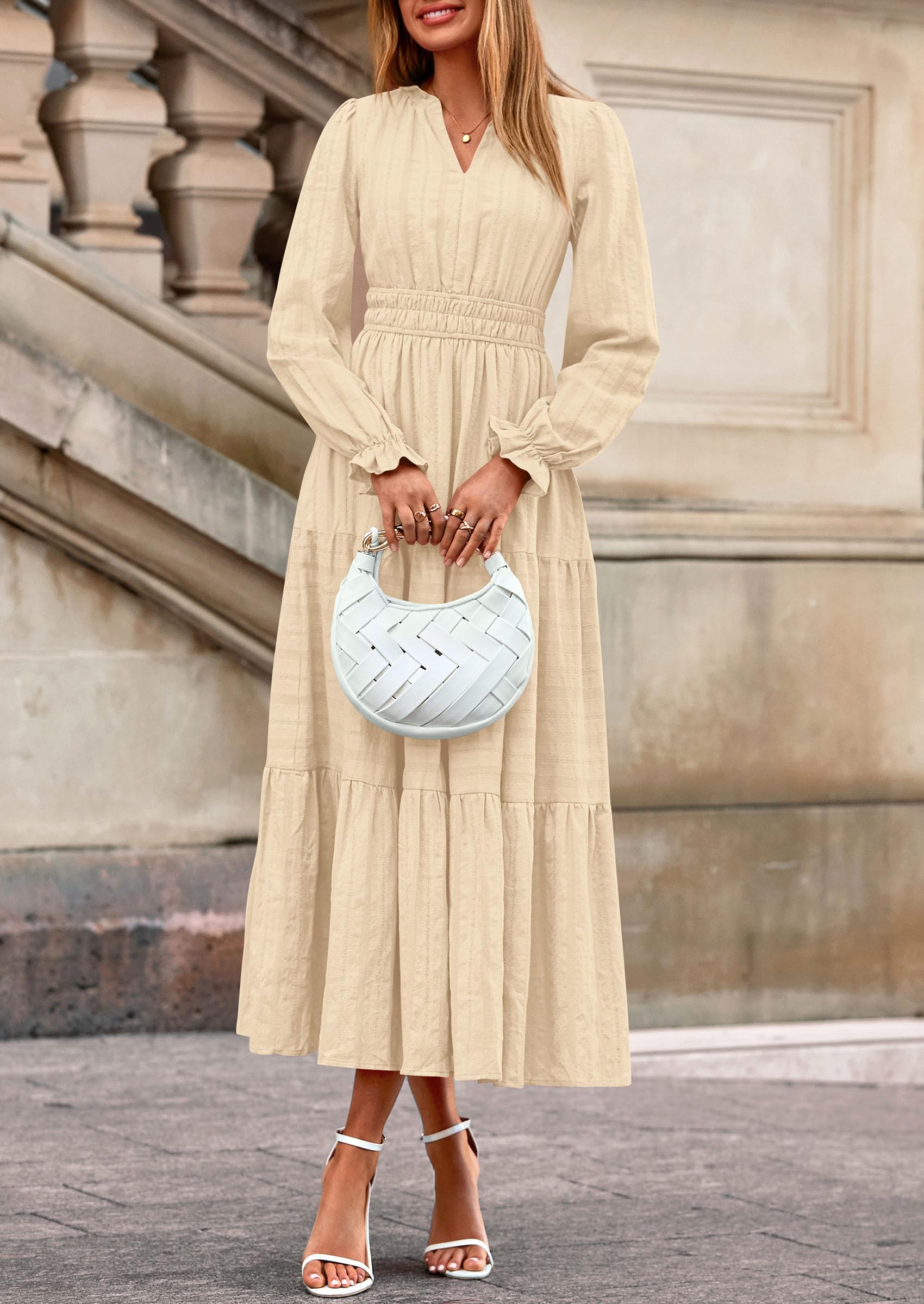 PRETTYGARDEN Women's Fall Wedding Guest Dresses Long Sleeve V Neck Flowy Elegant Holiday Party Maxi Dress with Pockets
