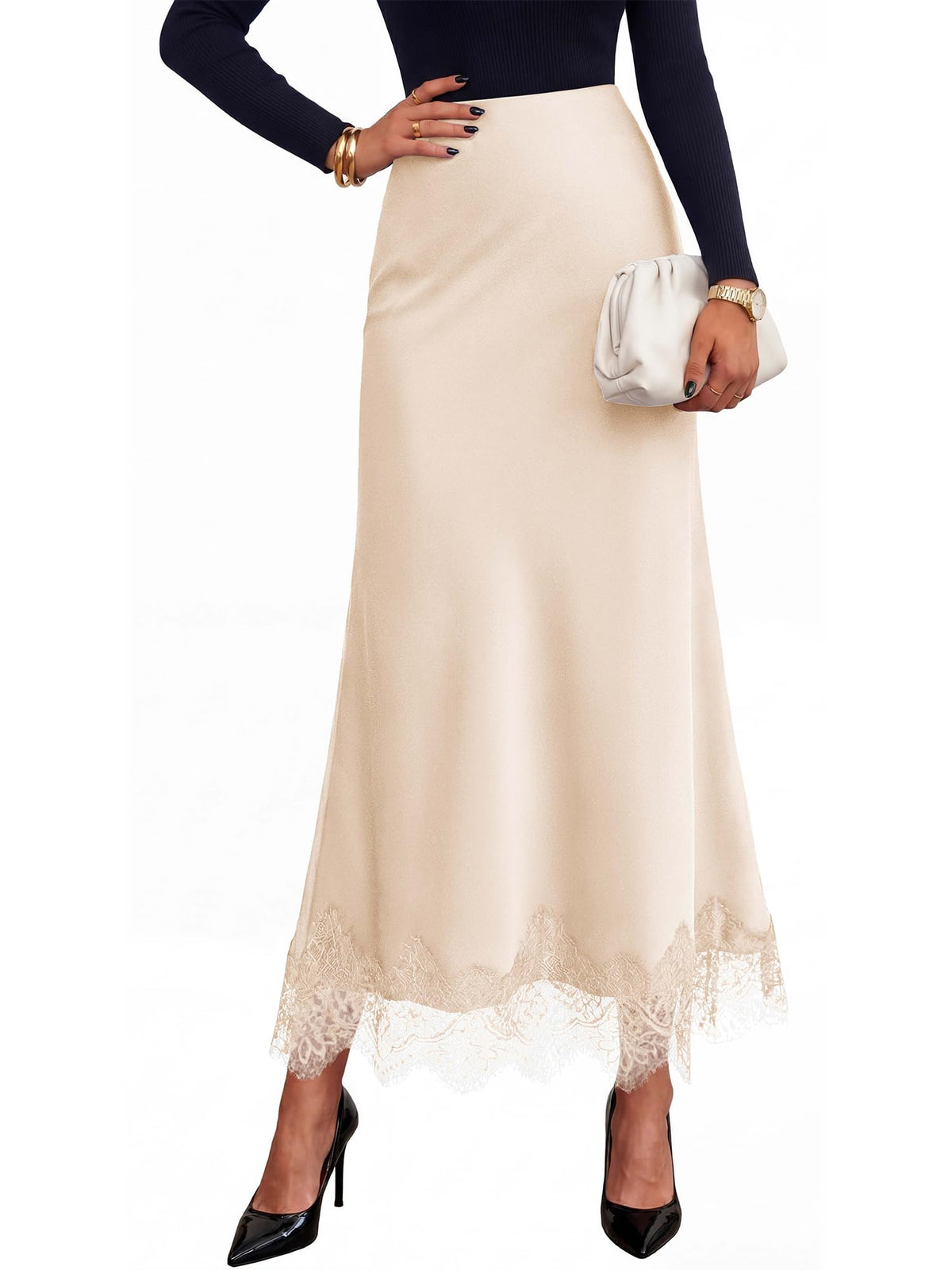 BTFBM Lace Trim Satin Skirts for Women Elegant | Lightweight, High Waist, A-Line, Flowy Maxi Skirt, Wedding, Cocktail, Graduation, Holiday Outfits, Fall Fashion Clothing