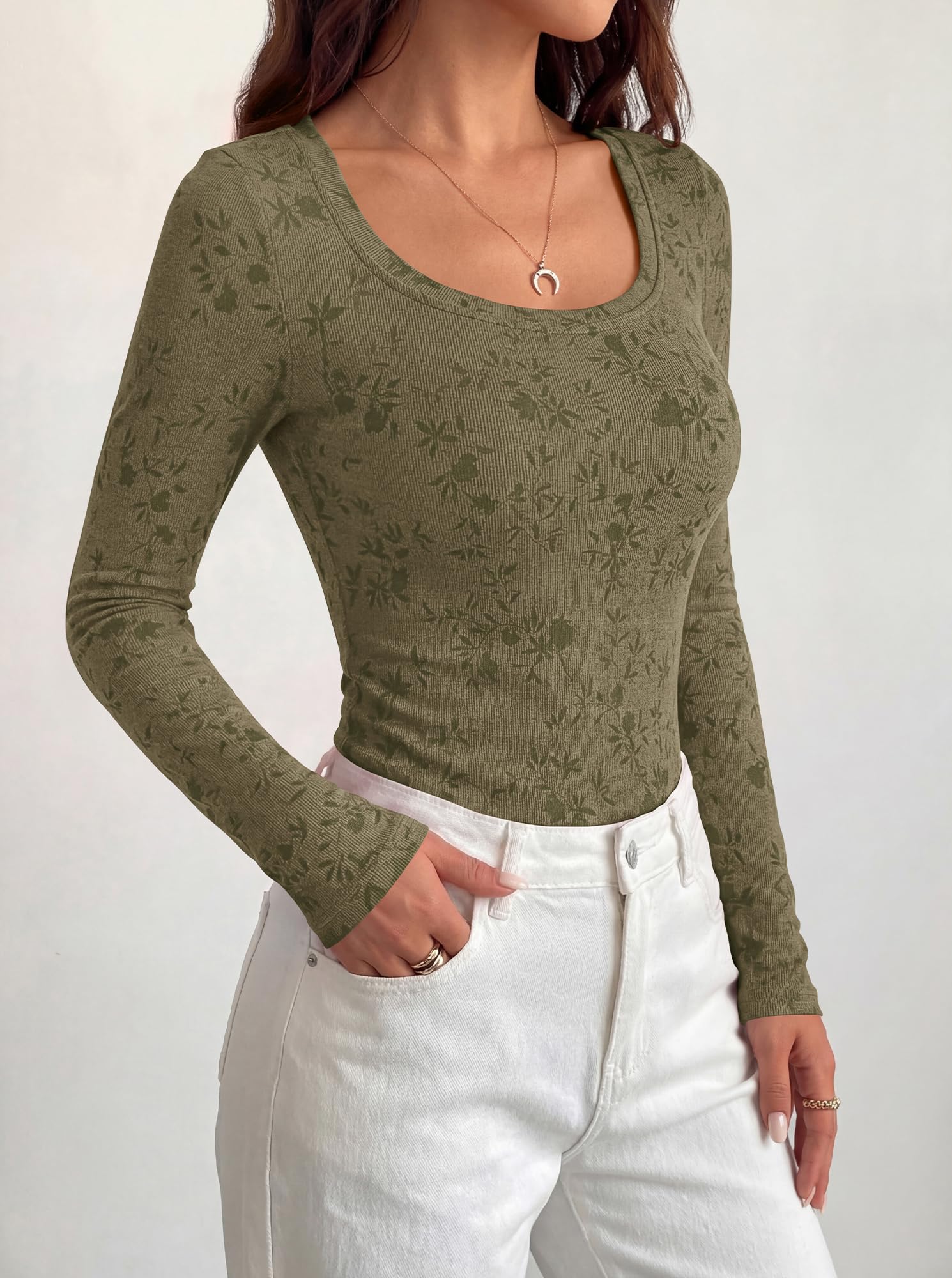 BTFBM Women's Long Sleeve Scoop Neck Shirts Floral Tops | Casual Women Fall Clothes, Ribbed Slim Fitted T-Shirts, y2k Fashion Clothing, Concert Going Out Top, Club Date Night Outfits