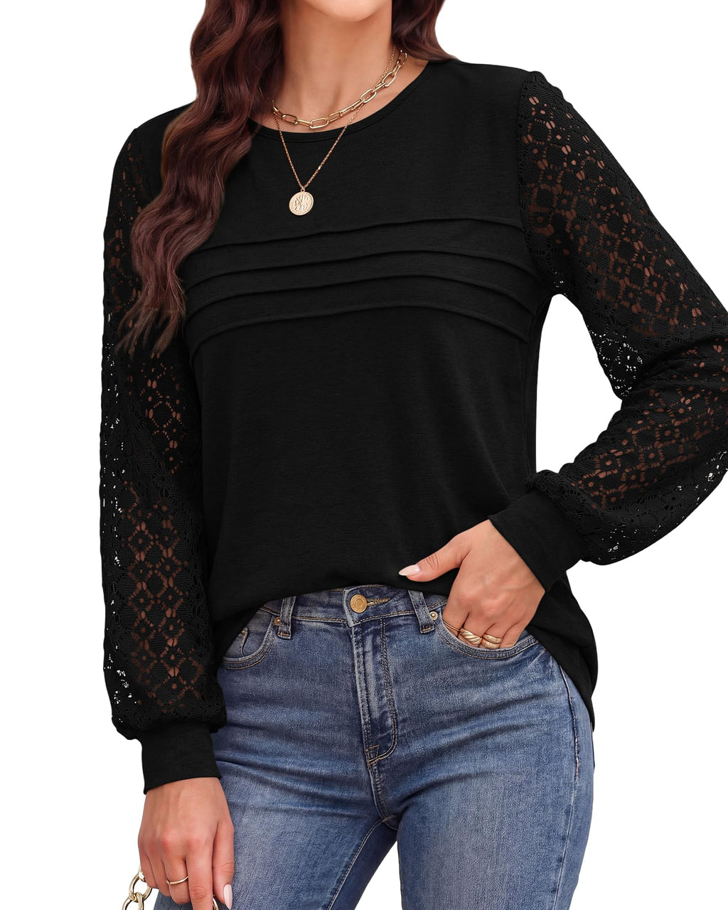 BTFBM Women's Long Sleeve Shirts Dressy Lace Fall Tops Trendy Business Casual T-Shirts Cute Work Outfits Blouses