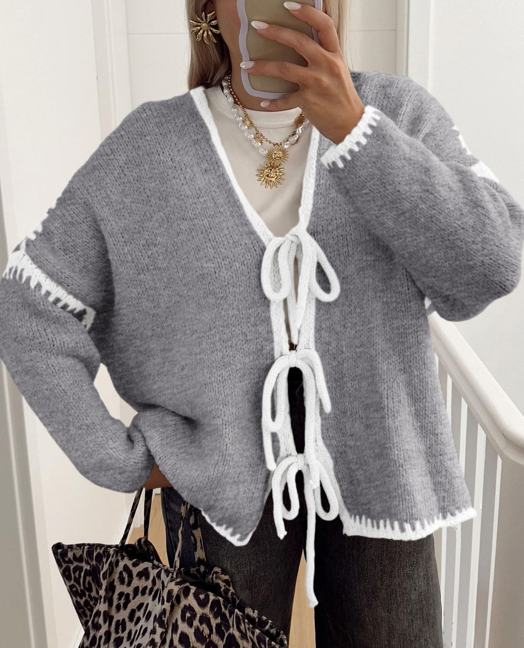 PRETTYGARDEN Women's Tie Front Bow Cardigan Sweaters Chunky Knit Long Puff Sleeve Trendy Fall Winter Jacket Coat