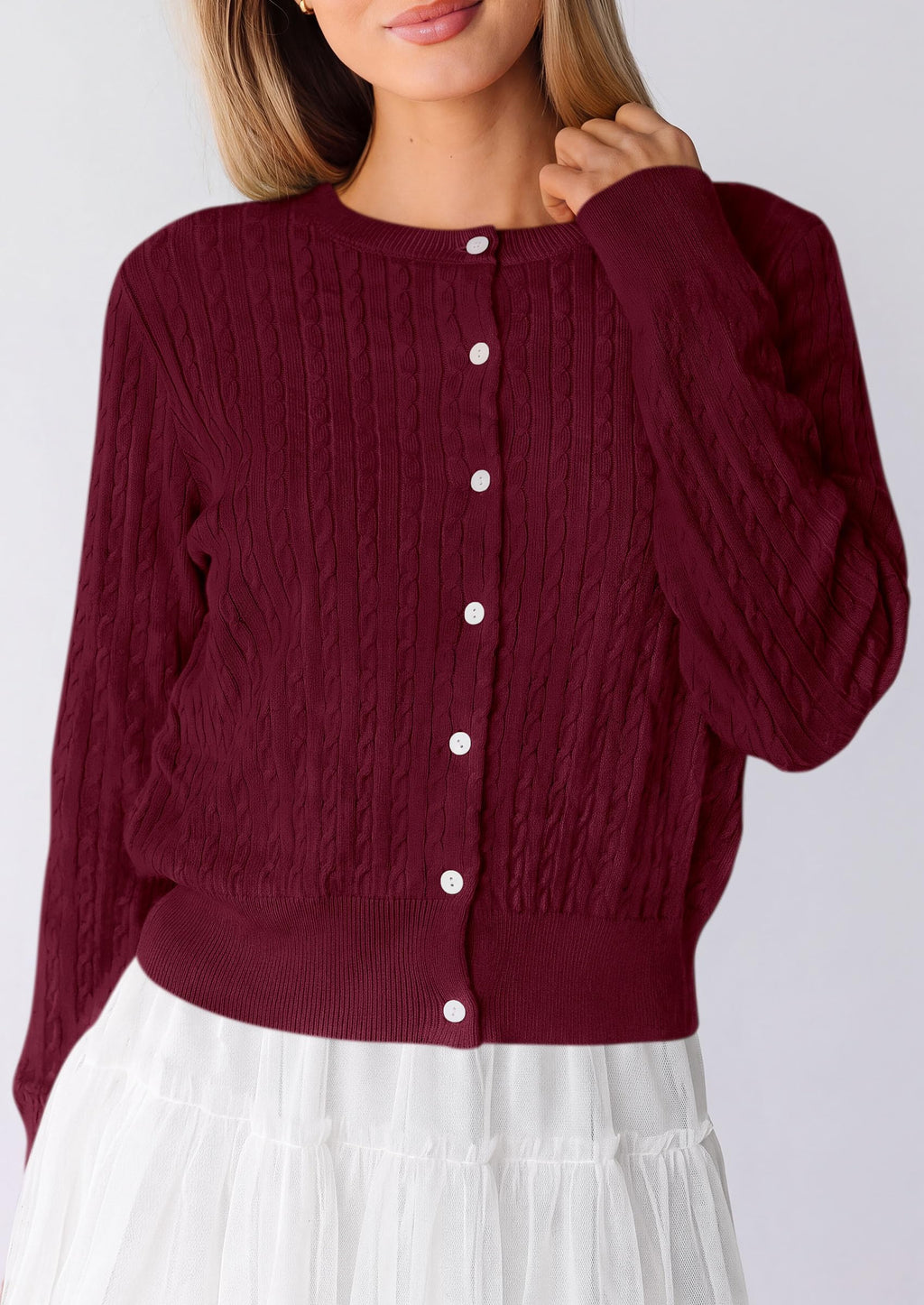 PRETTYGARDEN Women Lightweight Button Up Cardigan Sweaters | Soft Stretchy, Cozy Cable Knit, Long Sleeve Crew Neck, Trendy Cardigans, Cute Casual Outfits, Early Fall Fashion Clothing