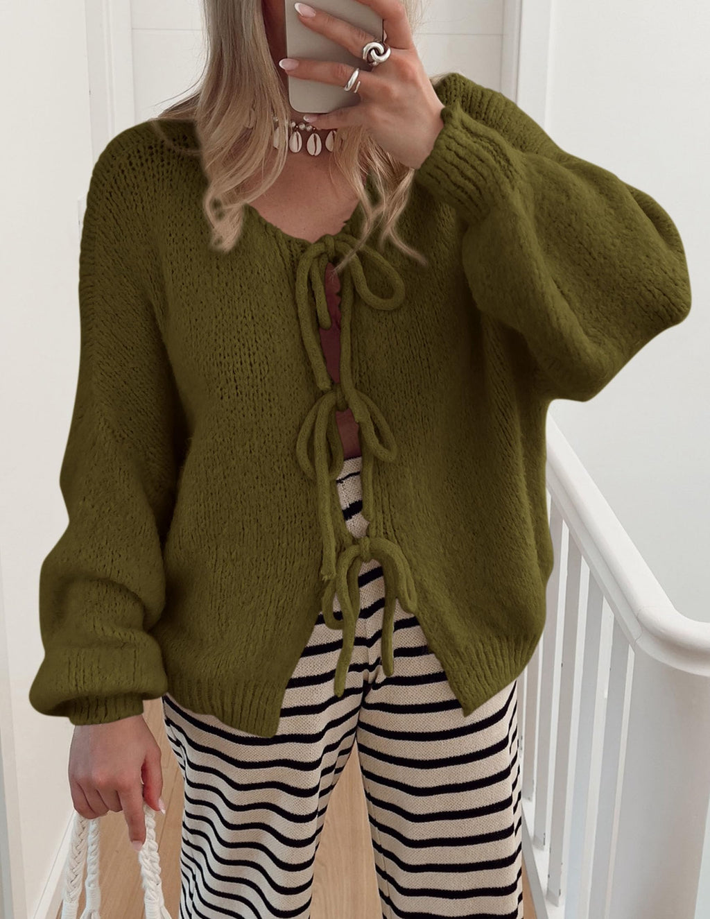 PRETTYGARDEN Women's Tie Front Bow Cardigan Sweaters Chunky Knit Long Puff Sleeve Trendy Fall Winter Jacket Coat