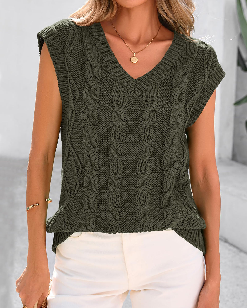 FreshPretty Sweater Vest Women Oversized V Neck Cable Knit Casual Pullover Sweaters Fall Outfits Sleeveless Tops