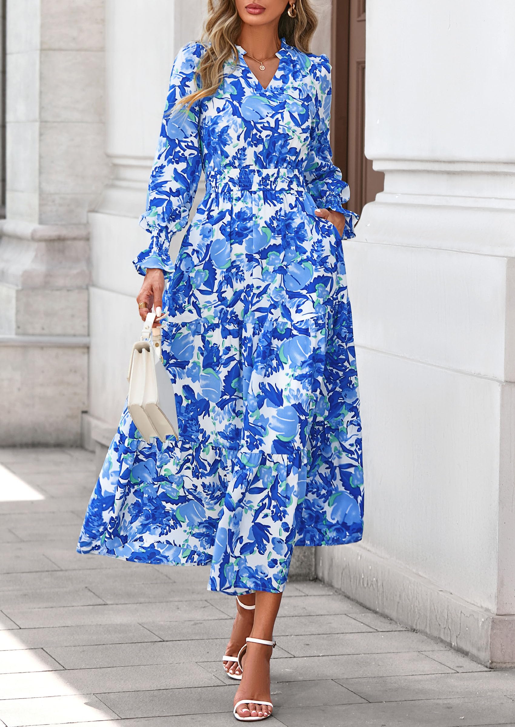 PRETTYGARDEN Women's Floral Maxi Dress Fall Long Sleeve V Neck Casual A Line Long Flowy Boho Party Dresses