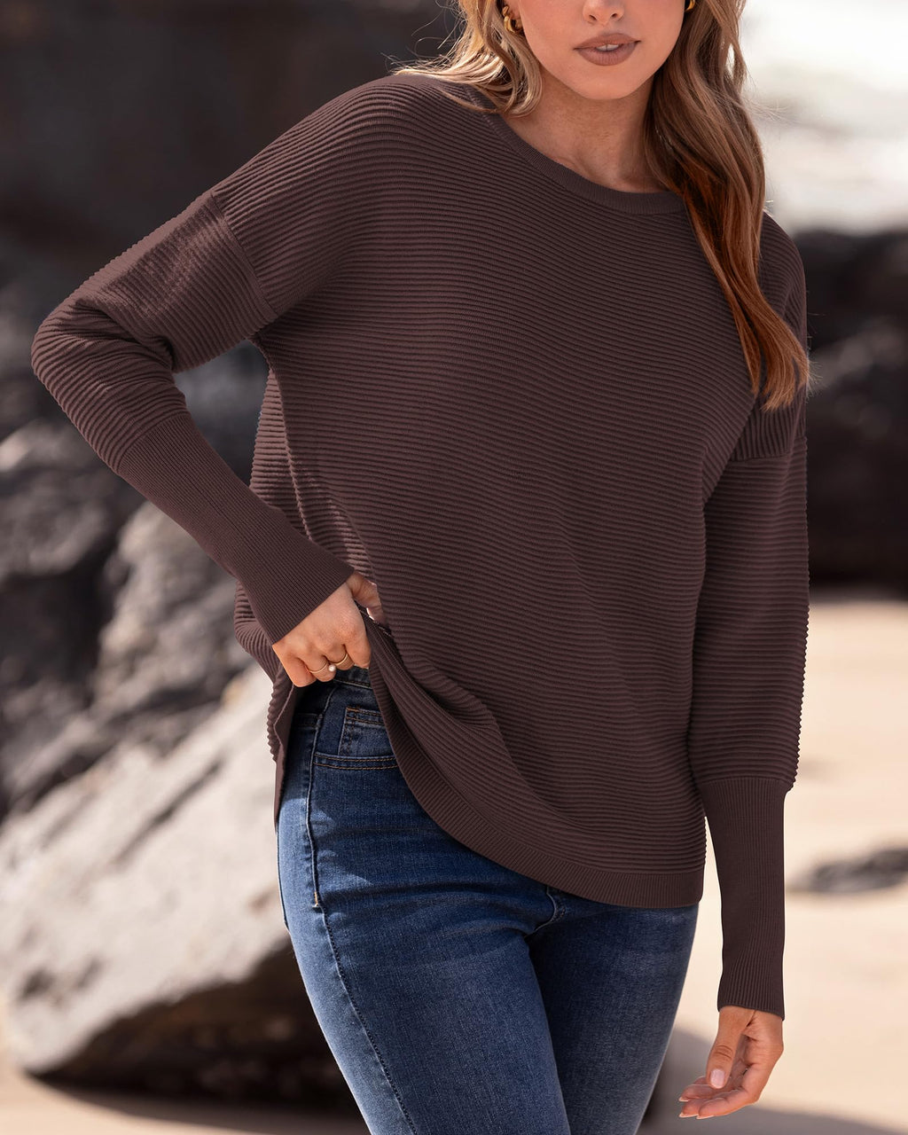 FreshPrettyFall Sweaters for Women Casual Long Sleeve Sweater Striped Loose Fit Pullover Tops