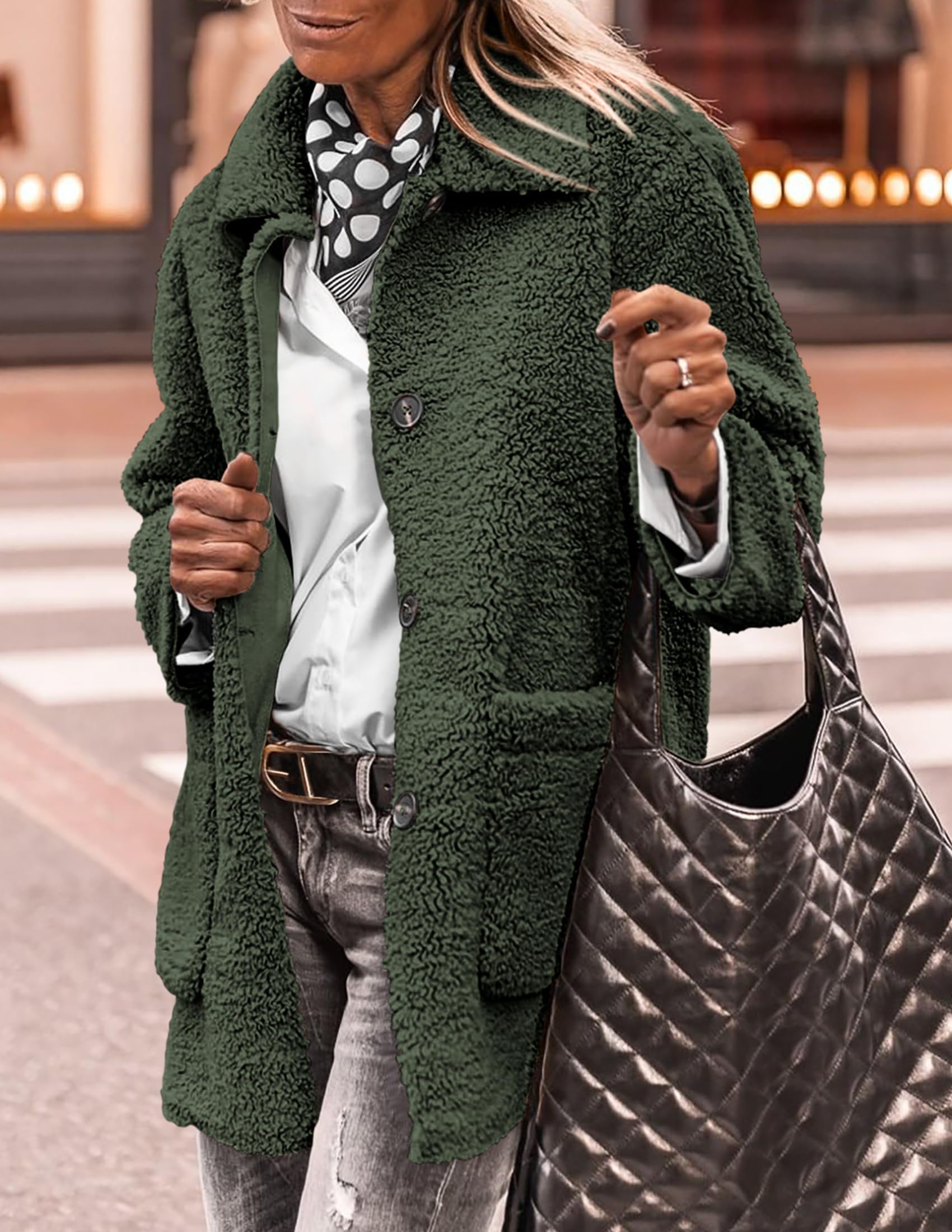 PRETTYGARDEN Women's Winter Faux Fur Coats Long Sleeve Lapel Button Down Pockets Fleece Sherpa Jacket Casual Trendy Outerwear