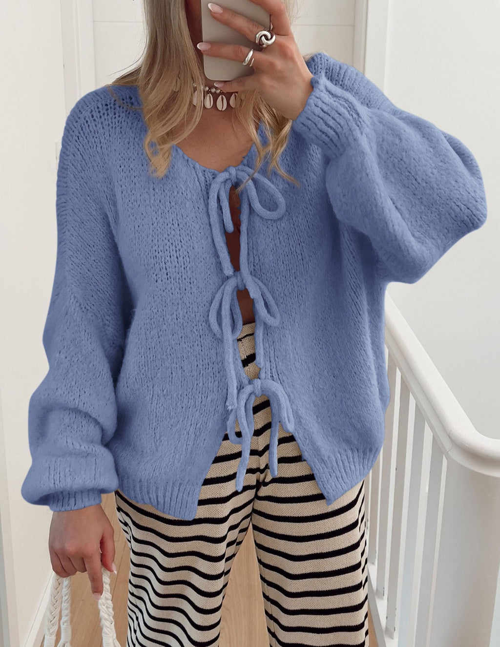 PRETTYGARDEN Women's Tie Front Bow Cardigan Sweaters Chunky Knit Long Puff Sleeve Trendy Fall Winter Jacket Coat