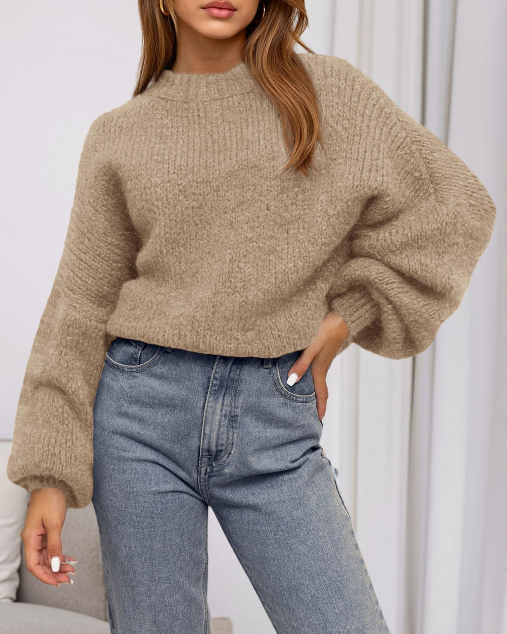 BTFBM Sweaters for Women Fall Crew Neck Lantern Long Sleeve Oversized Sweater Casual Knit Winter Pullover Tops