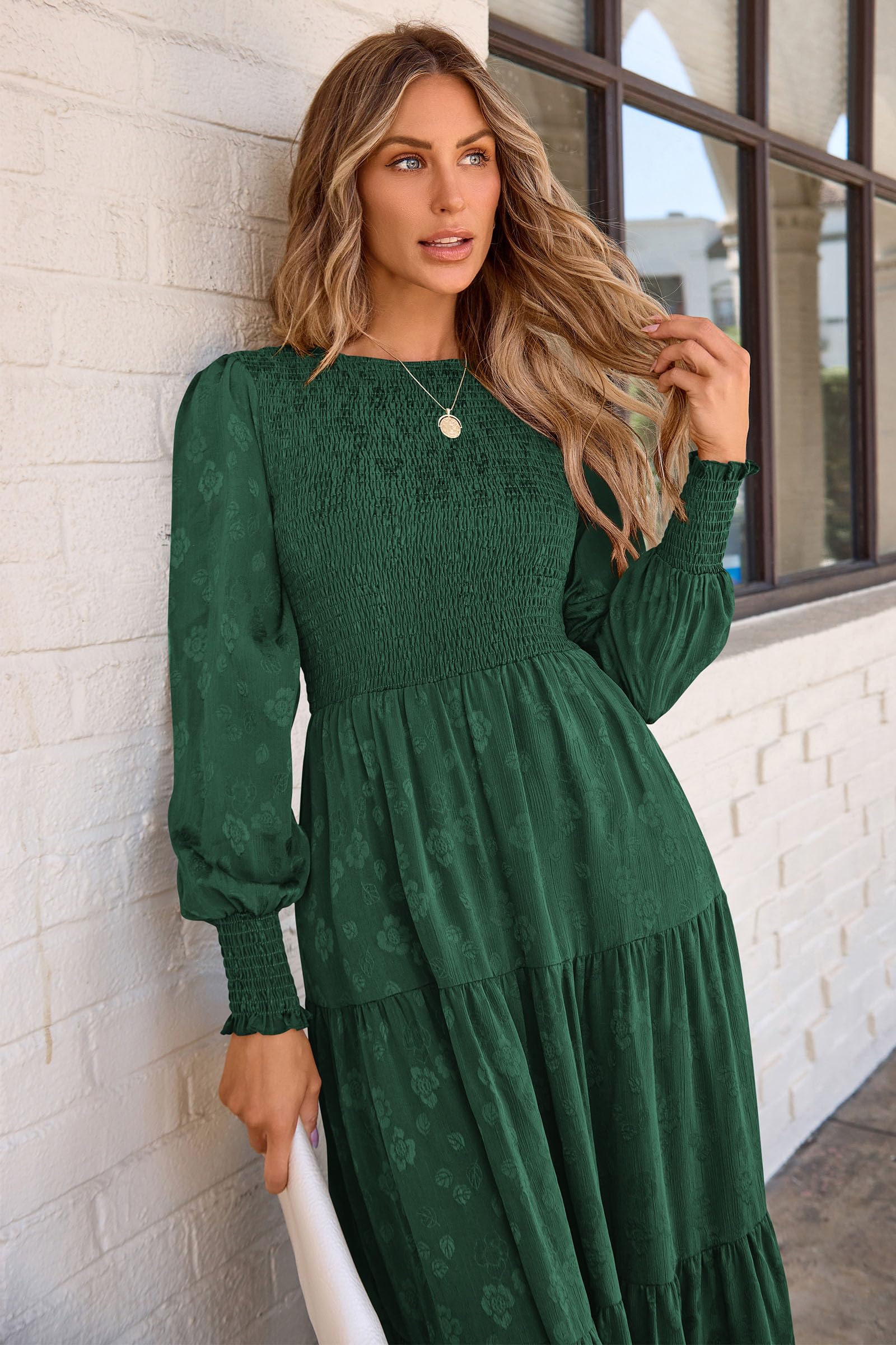 PRETTYGARDEN Women's Fall Spring Midi Dress Long Sleeve Floral Smocked Elegant Wedding Guest Long Flowy Dresses with Pockets