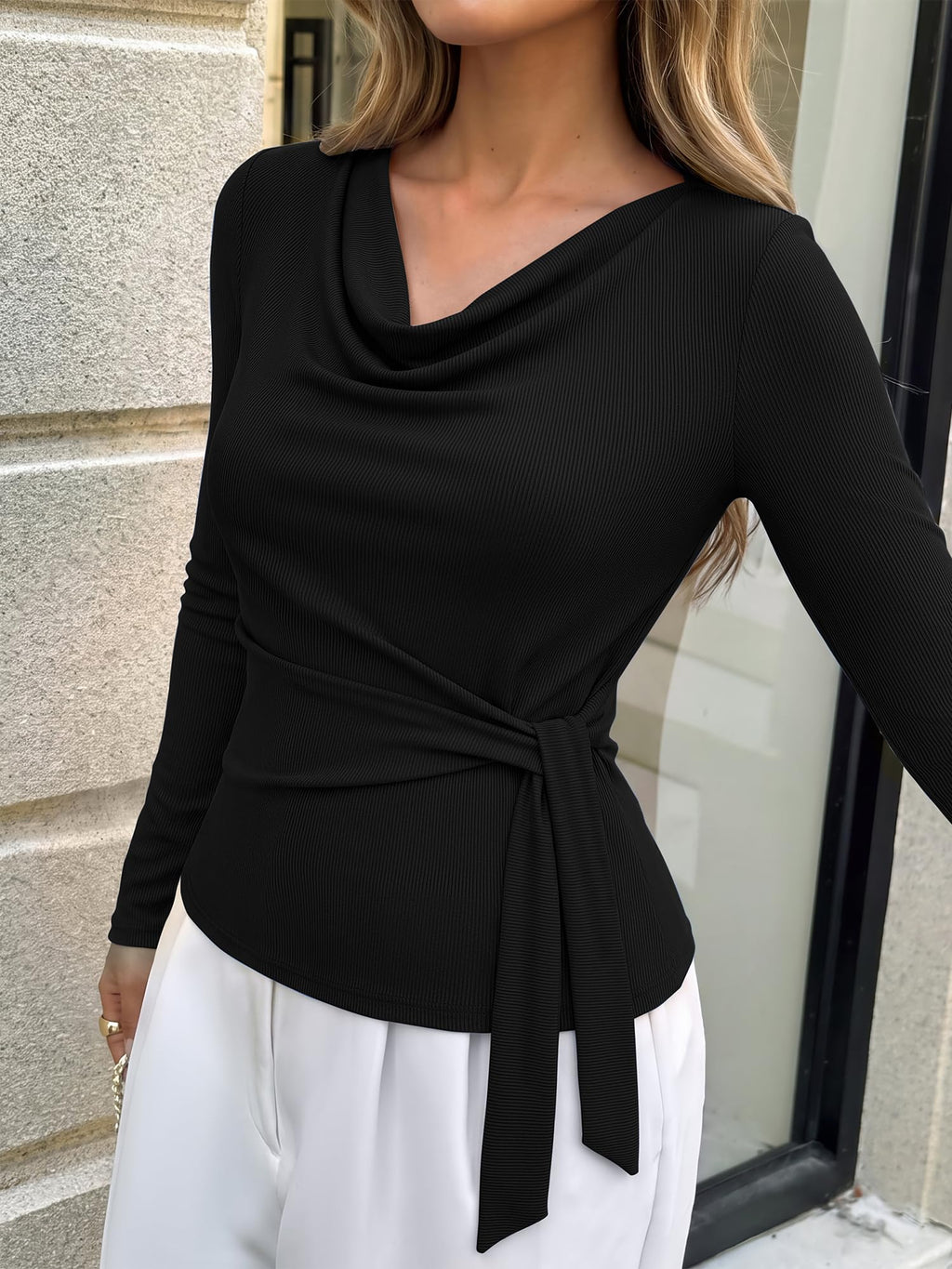 BTFBM Fall Tops for Women Tie Waist Wrap Blouses Business Casual Outfits Slim Fit Cowl Neck Long Sleeve Shirts, Elegant Dressy Blouse, Fashion Clothing, Daily Wear Going Out Office Work Clothes