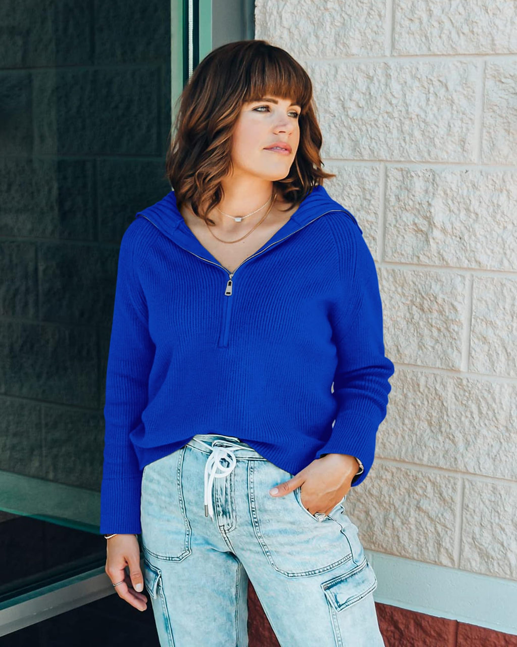 FreshPretty Womens Sweaters Quarter Zip Pullover V Neck Collar Long Sleeve Ribbed Knit Loose Casual Winter Fall Sweater