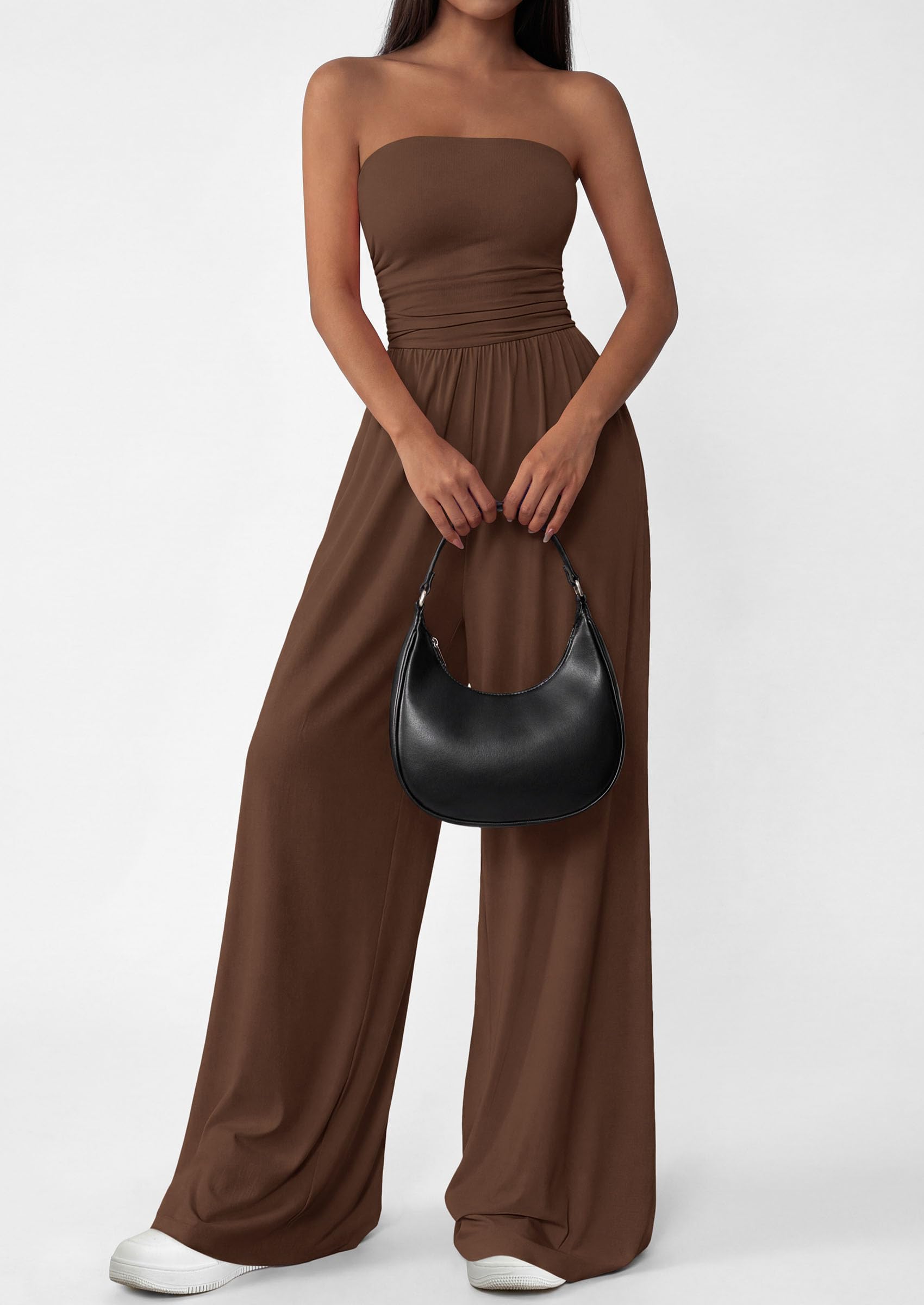 PRETTYGARDEN Womens Trendy Strapless Rompers Ruched Tube Top Wide Leg One Piece Jumpsuits Beach Vacation Summer Outfits